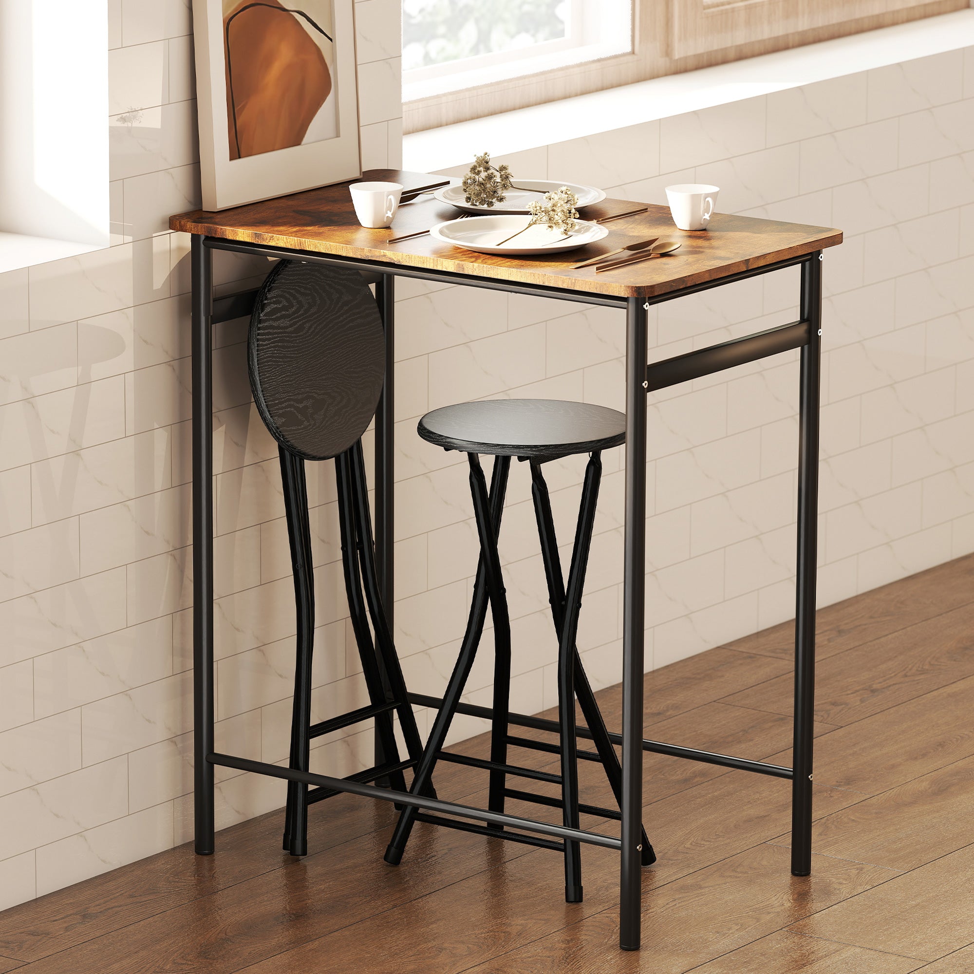 Foldable Bar Stools Set of 2, 24" Counter Height Round Bar Chairs with Double Footrest, Folding Barstools for Kitchen Island, Black