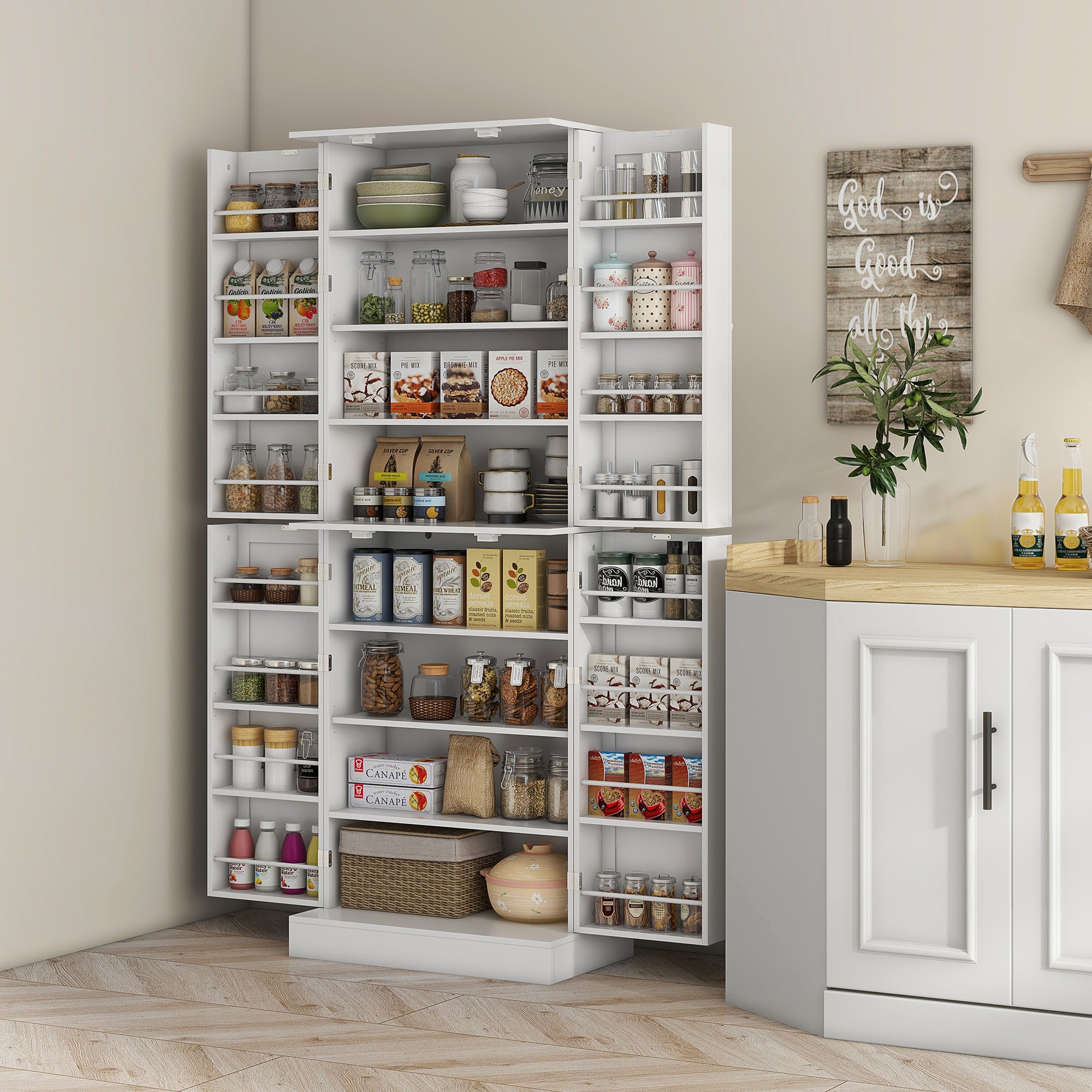 65" Kitchen Pantry Cabinet, Modern Kitchen Pantry with Doors and Shelves, Freestanding Buffet Storage Cabinet with Spice Racks for Dining Room, White