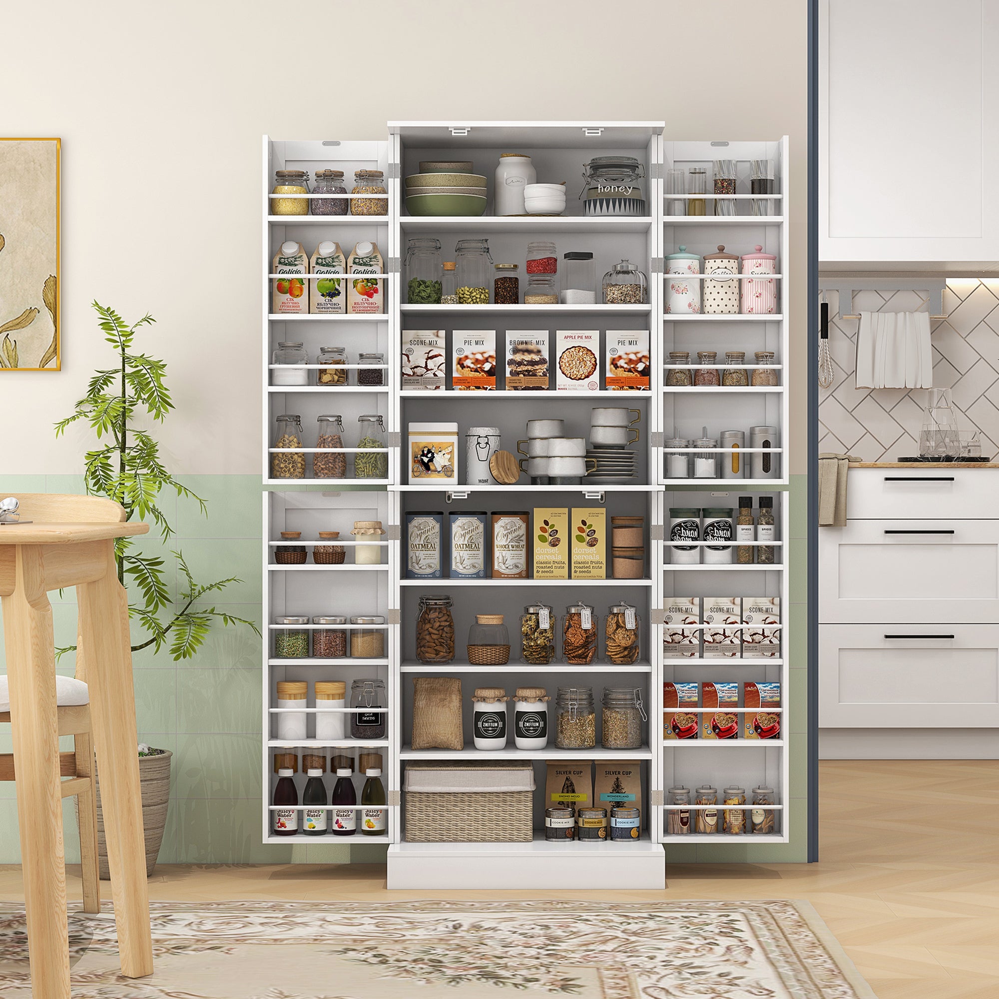 65" Kitchen Pantry Cabinet, Modern Kitchen Pantry with Doors and Shelves, Freestanding Buffet Storage Cabinet with Spice Racks for Dining Room, White