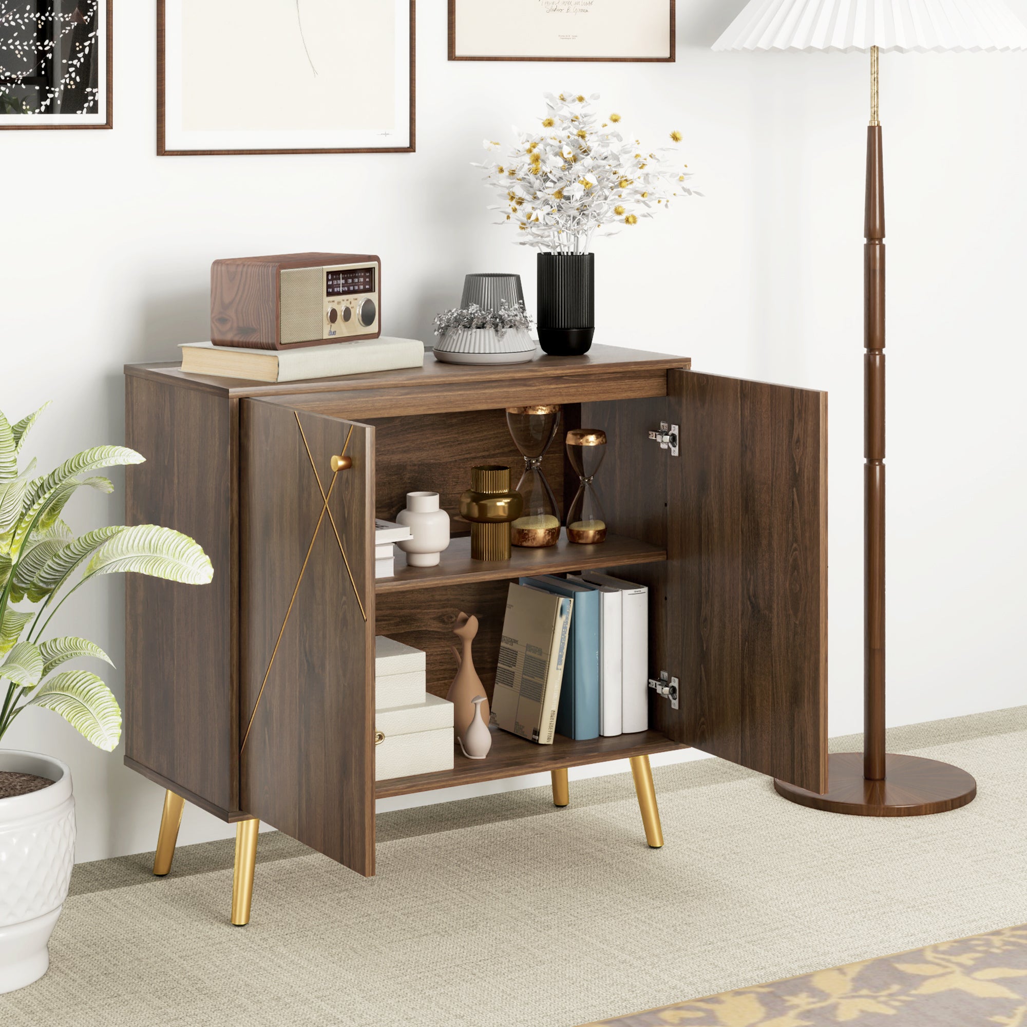 HOMCOM Sideboard Storage Cabinet with Golden Steel Lines, Luxurious Kitchen Buffet Cabinet with Adjustable Shelf Steel Legs, Brown