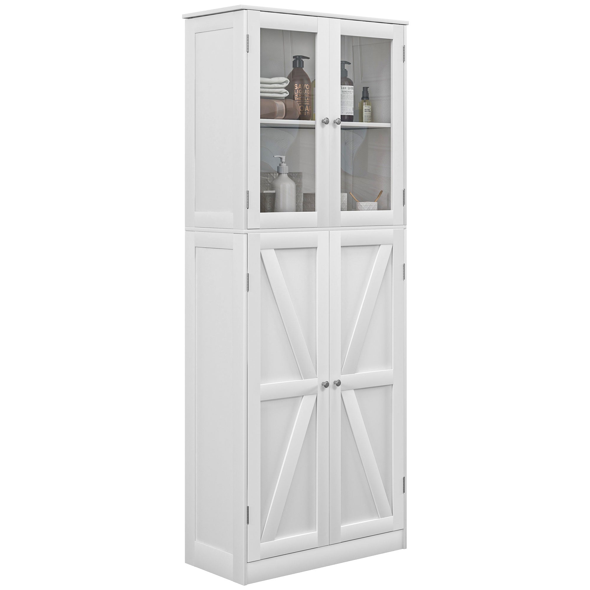 HOMCOM Tall Bathroom Cabinet, Modern Bathroom Storage Cabinet with Glass and Barn Doors, 5-Tier Floor Cabinet, White