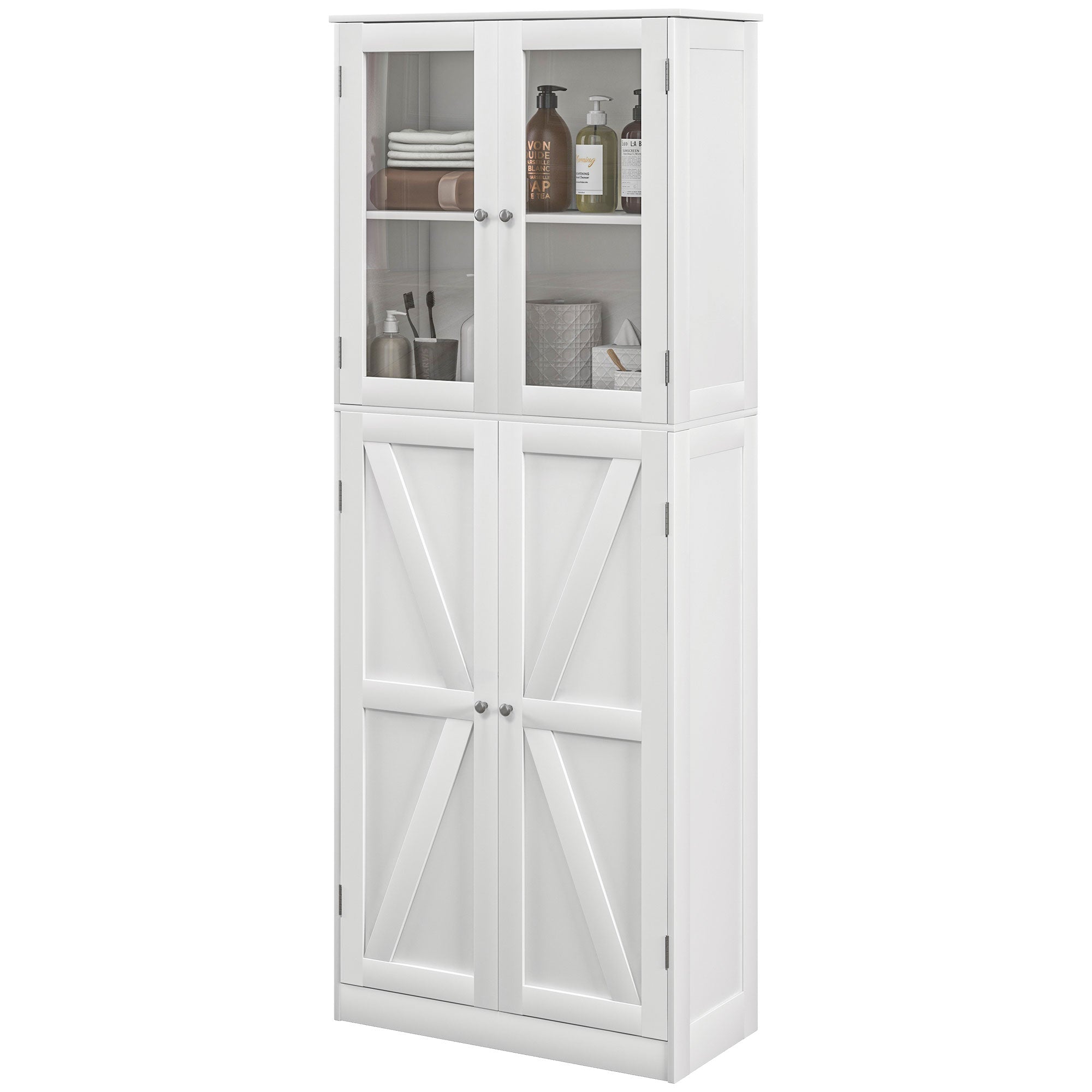 HOMCOM Tall Bathroom Cabinet, Modern Bathroom Storage Cabinet with Glass and Barn Doors, 5-Tier Floor Cabinet, White