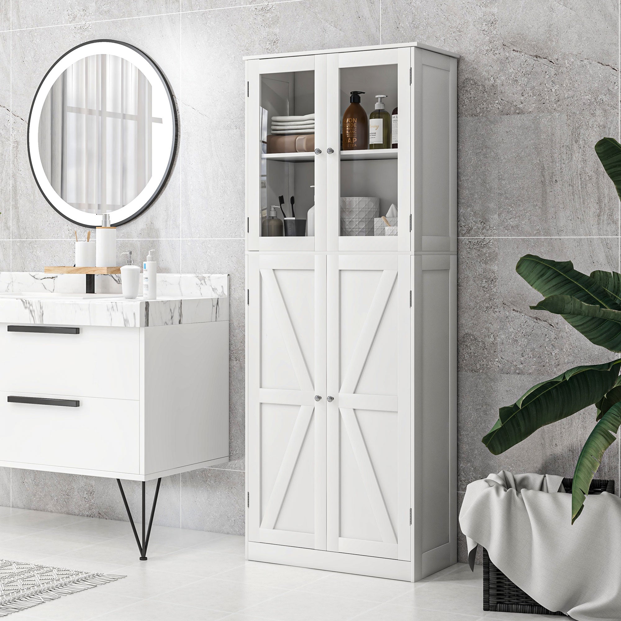 HOMCOM Tall Bathroom Cabinet, Modern Bathroom Storage Cabinet with Glass and Barn Doors, 5-Tier Floor Cabinet, White