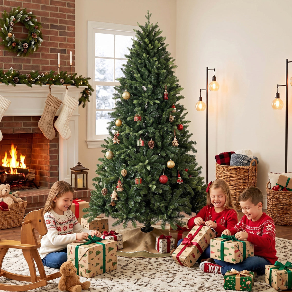 6ft Artificial Christmas Tree, Hinged Xmas Tree with 2419 PE & PVC Branch Tips, Solid Fir Wood Stand, Auto Open for Home Office Holiday Decoration, Green