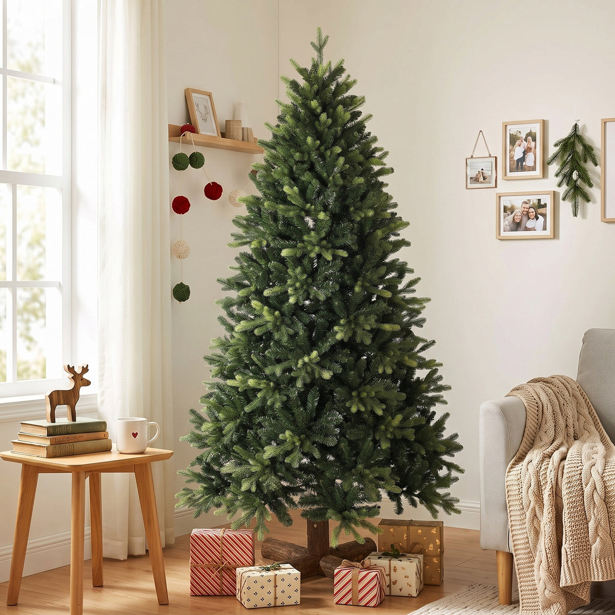 6ft Artificial Christmas Tree, Hinged Xmas Tree with 2419 PE & PVC Branch Tips, Solid Fir Wood Stand, Auto Open for Home Office Holiday Decoration, Green
