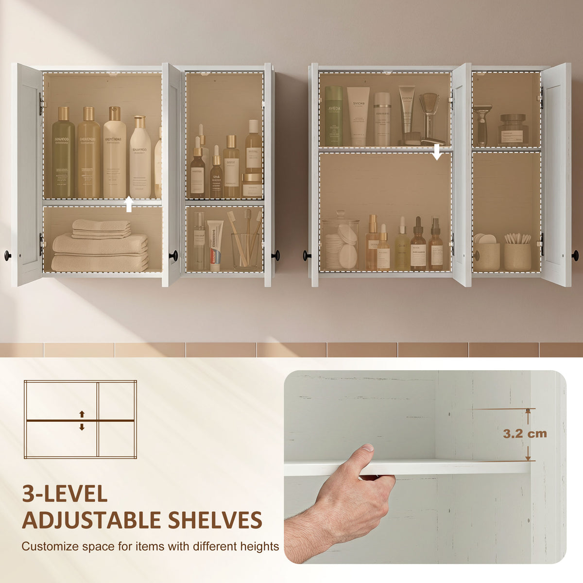 Bathroom Wall Cabinet, Modern Medicine Cabinet Wall Mounted, Over The Toilet Space Saver with 3 Doors Storage and Adjustable Shelves for Toilet Bathroom Restroom, White