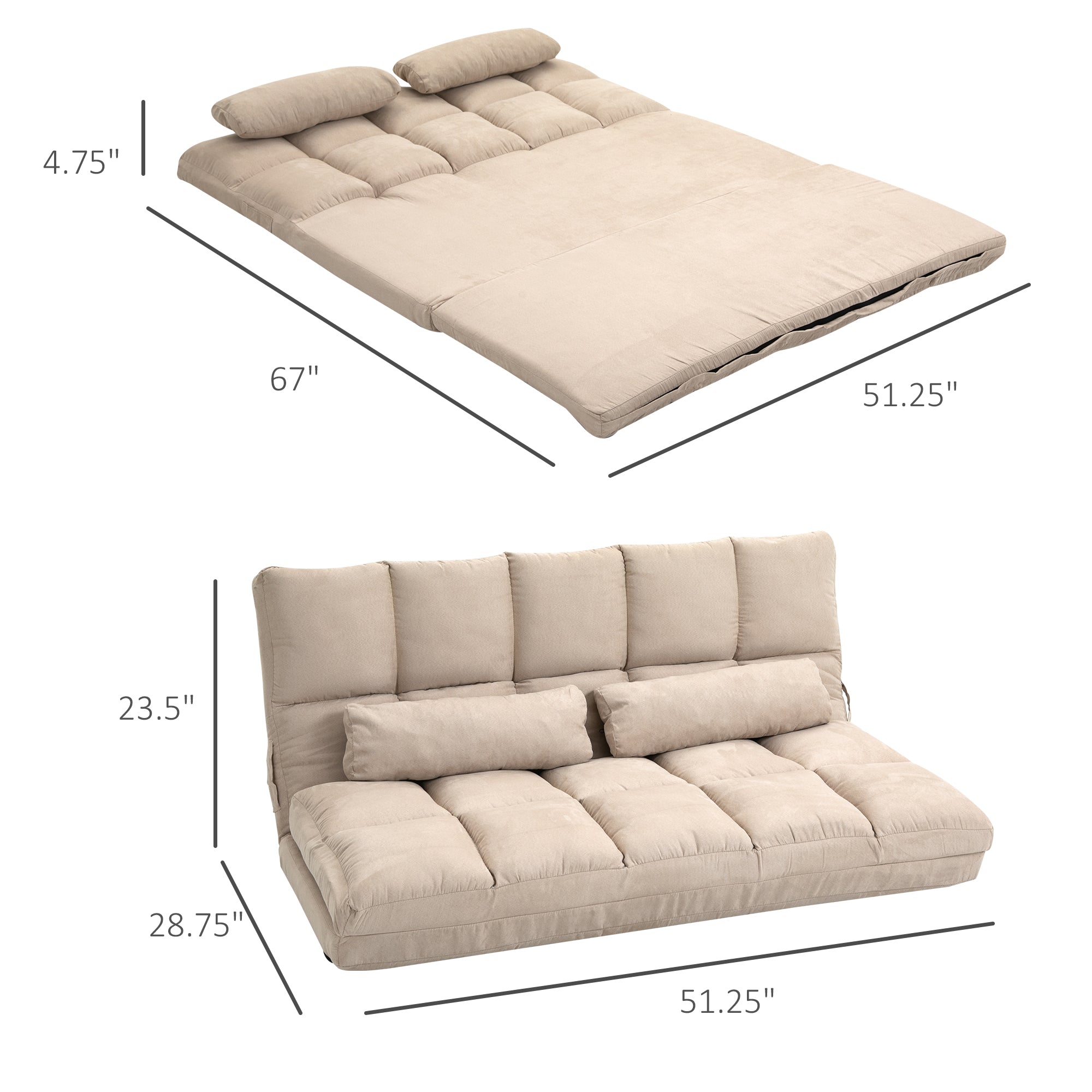 Convertible Floor Sofa Chair, Folding Couch Bed, Guest Chaise Lounge with 2 Pillows, Adjustable Backrest and Headrest, 51.25" L, Beige