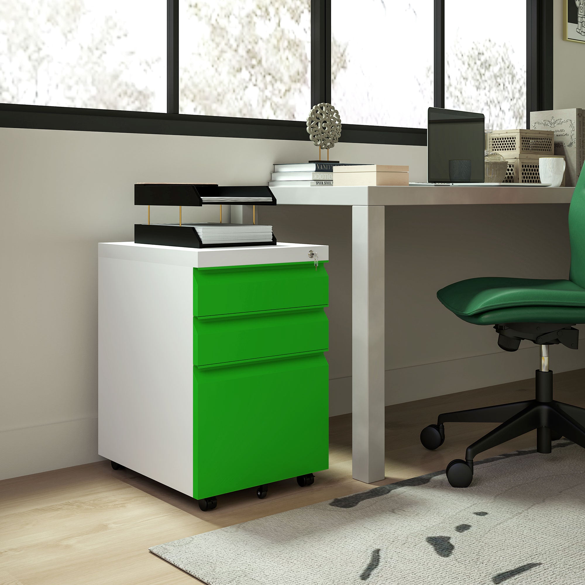 Vinsetto Mobile Vertical File Cabinet Lockable Metal Filling Cabinet with 3 Drawers Anti-tilt Design for Letter A4 Legal Size Fully Assembled Except Casters Green
