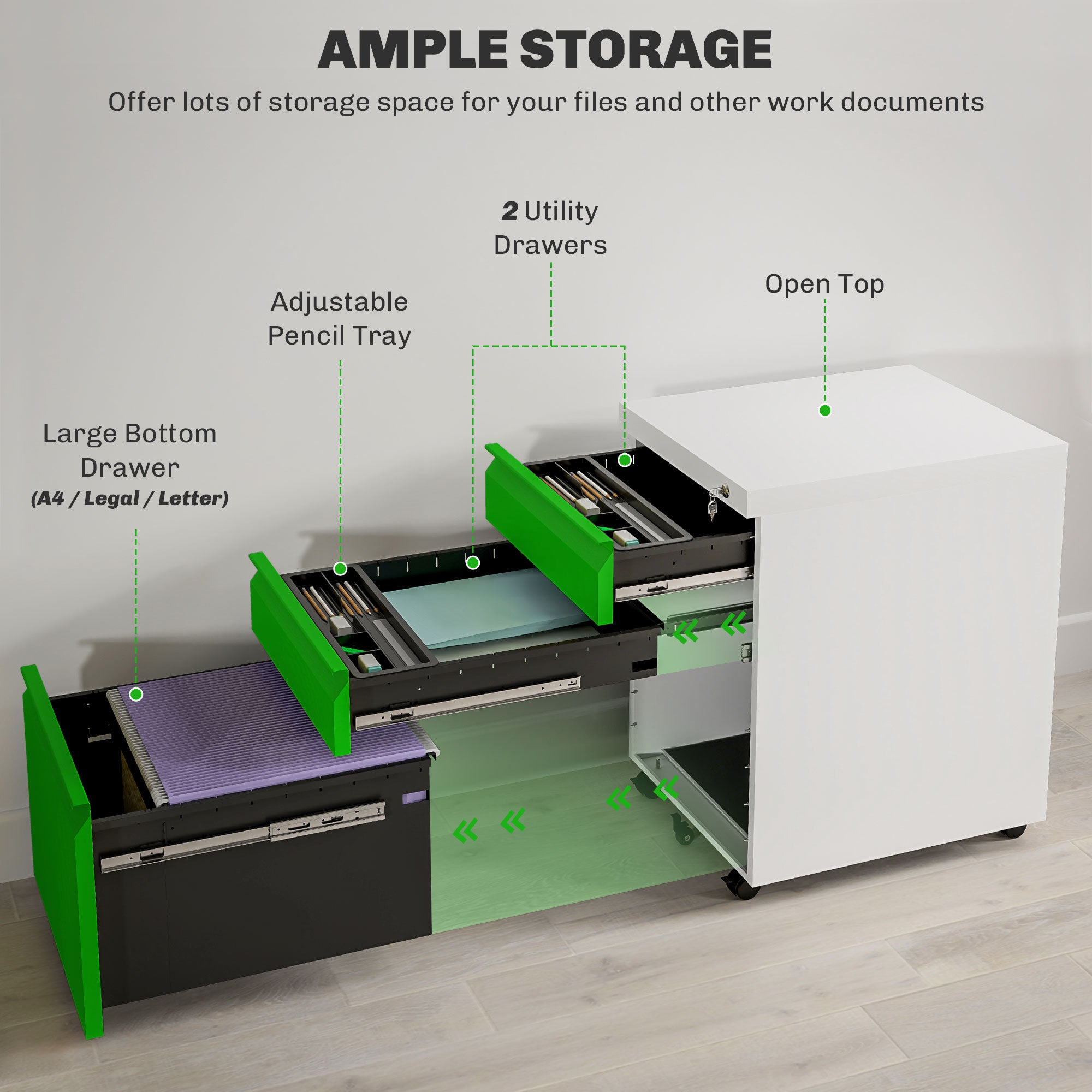 Vinsetto Mobile Vertical File Cabinet Lockable Metal Filling Cabinet with 3 Drawers Anti-tilt Design for Letter A4 Legal Size Fully Assembled Except Casters Green
