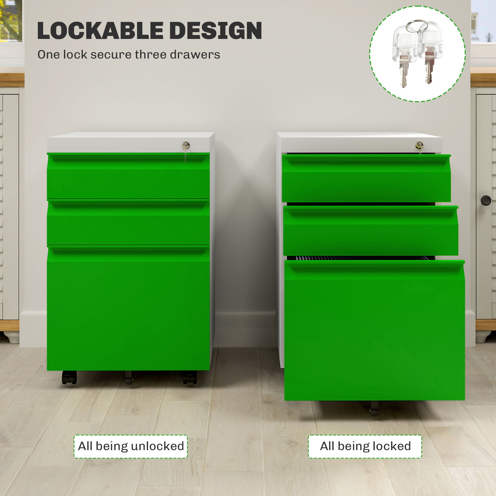 Vinsetto Mobile Vertical File Cabinet Lockable Metal Filling Cabinet with 3 Drawers Anti-tilt Design for Letter A4 Legal Size Fully Assembled Except Casters Green
