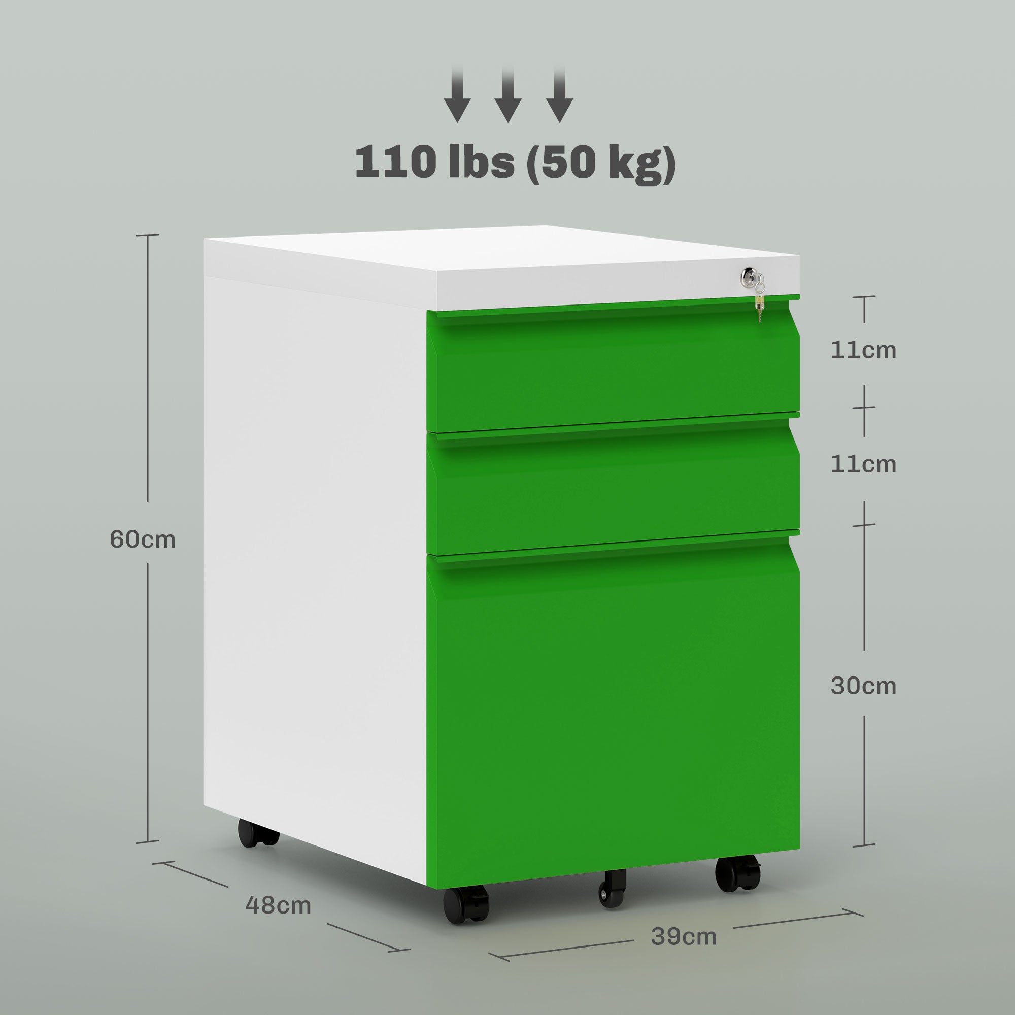 Vinsetto Mobile Vertical File Cabinet Lockable Metal Filling Cabinet with 3 Drawers Anti-tilt Design for Letter A4 Legal Size Fully Assembled Except Casters Green