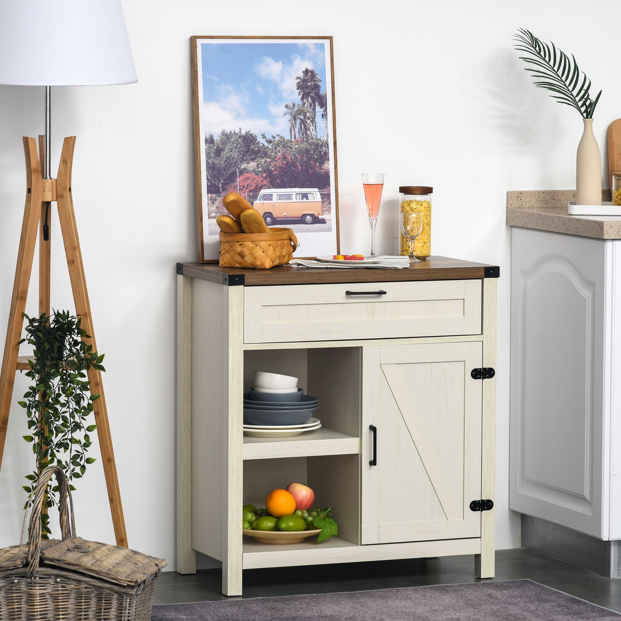 HOMCOM Sideboard Buffet Cabinet, Farmhouse Kitchen Storage Cabinet with Rustic Barn Door and Drawer, White