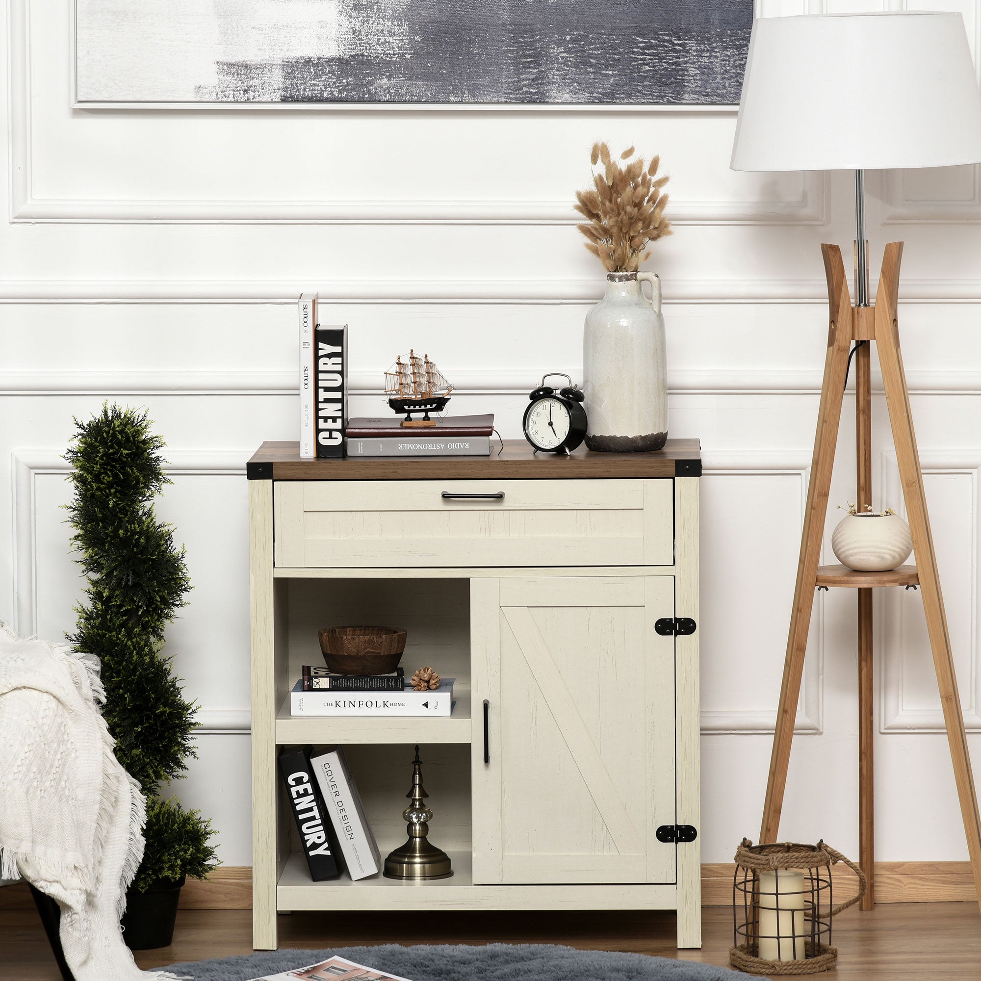 HOMCOM Sideboard Buffet Cabinet, Farmhouse Kitchen Storage Cabinet with Rustic Barn Door and Drawer, White