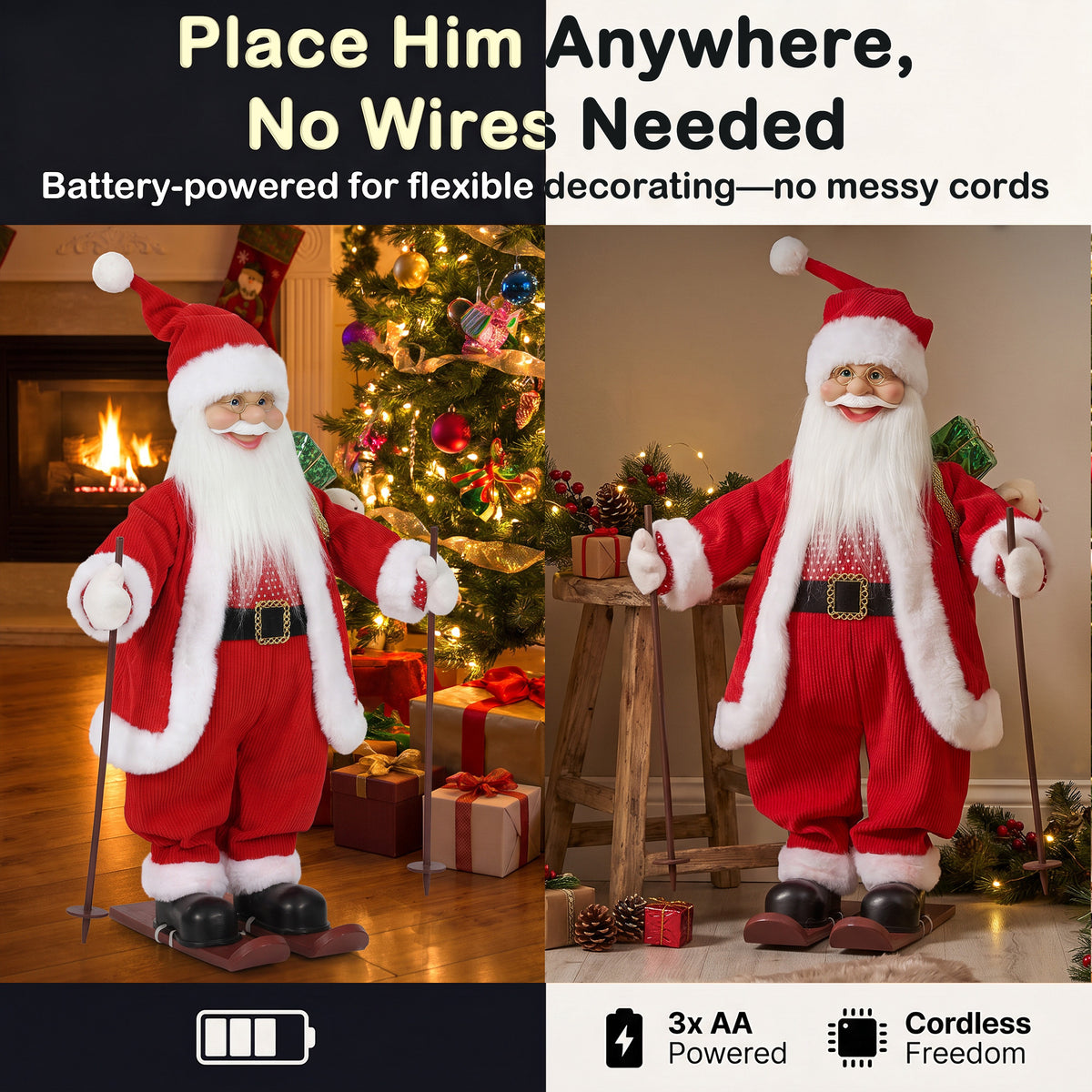 2ft Singing Skiing Santa Claus, 66 cm Standing Musical Animated Santa with Ski Board, Poles, Sack, Posable Arms, Handcrafted, Sound Touch Activated, Moving Christmas Figure Decoration