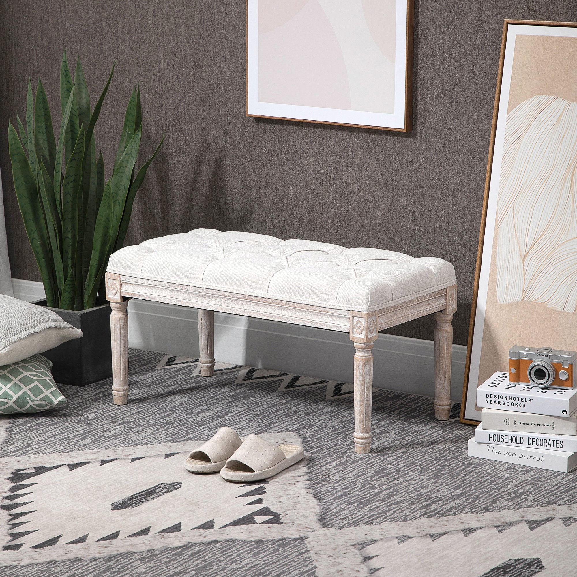 HOMCOM 80cm End of Bed Bench, Window Seat, Tufted Bench for Bedroom, Hallway, Living Room, Cream White