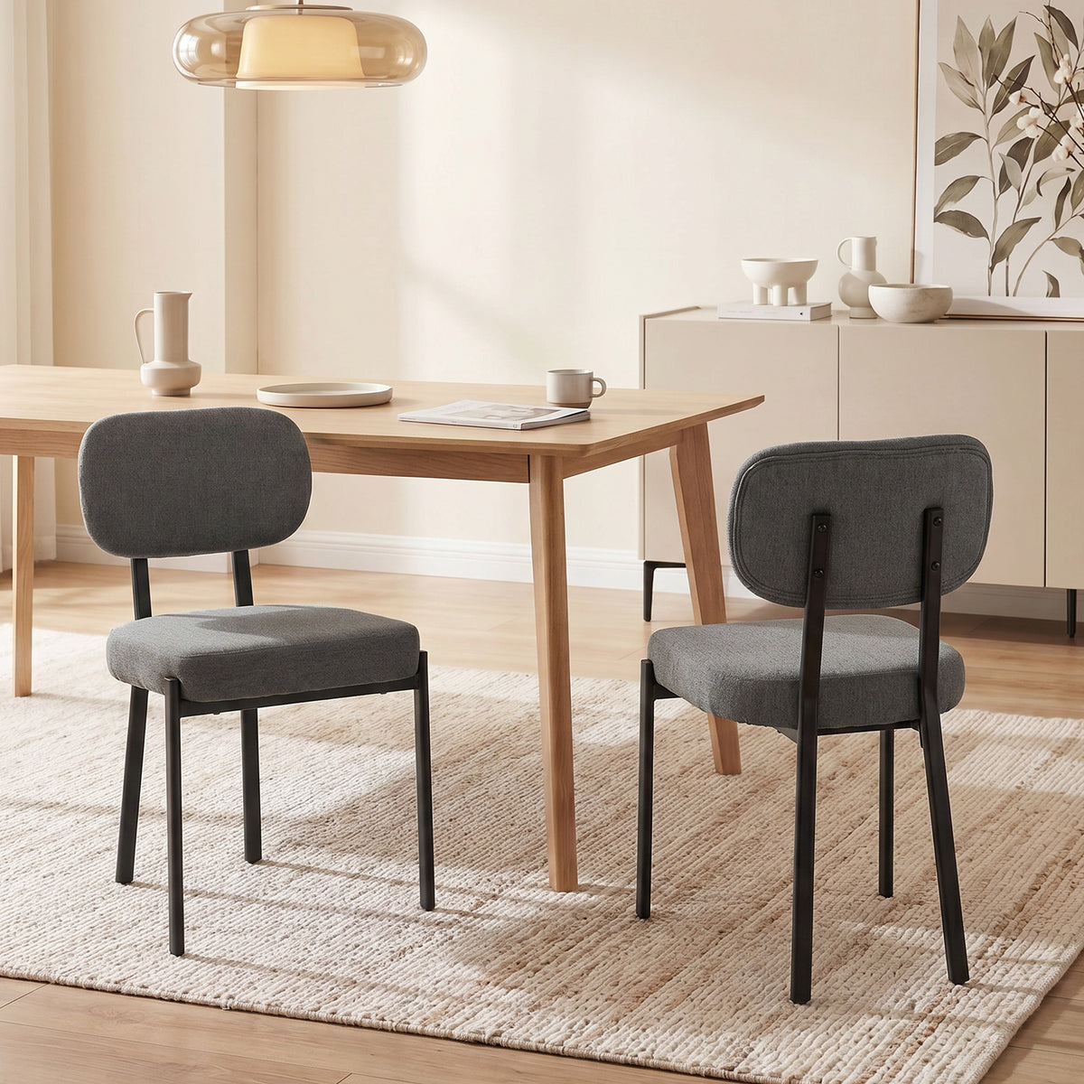 Modern Dining Chairs Set of 2, Upholstered Linen Fabric Kitchen Chairs with Metal Legs and Wide Padded Seat for Kitchen, Living Room, Grey