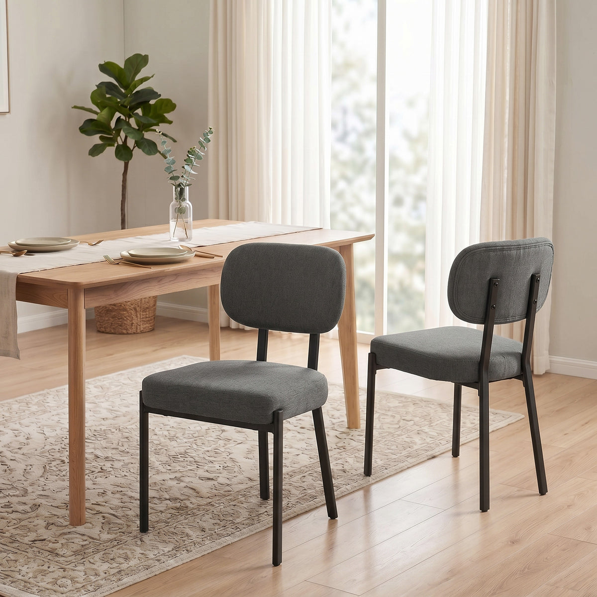 Modern Dining Chairs Set of 2, Upholstered Linen Fabric Kitchen Chairs with Metal Legs and Wide Padded Seat for Kitchen, Living Room, Grey