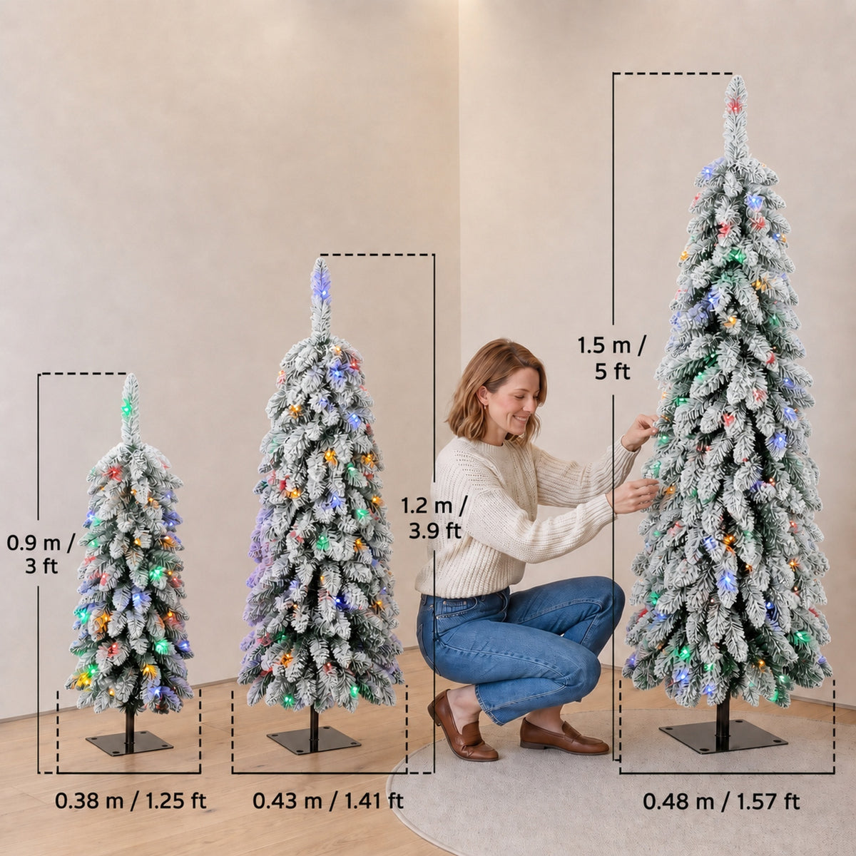 Artificial Christmas Tree Set of 3, Snowy Pre-Lit Christmas Trees with PVC Branch Tips and Multicolour LED Lights, Slim Pencil Xmas Decorations, 90/120/150 cm, Green White