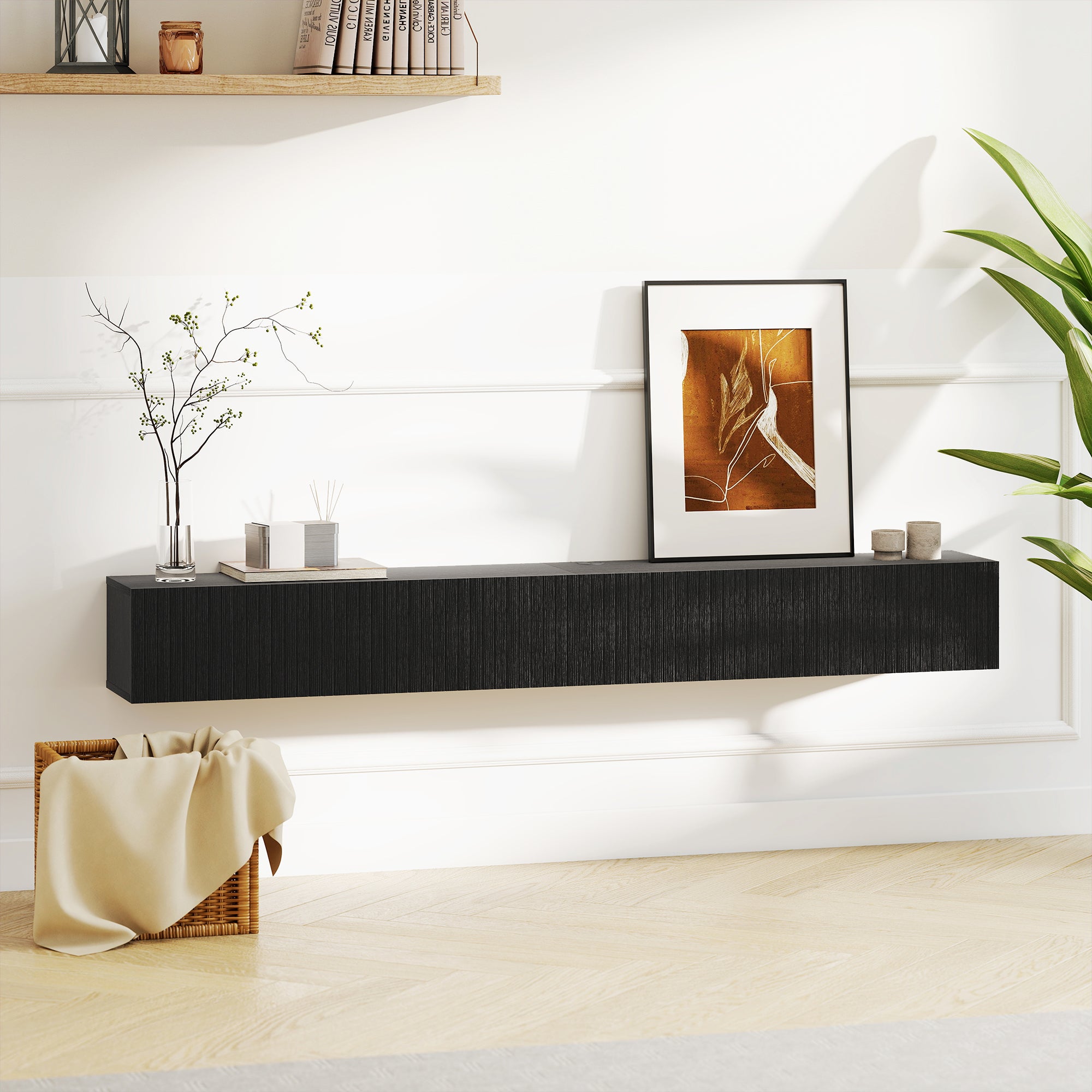 71" Floating TV Stand for TVs up to 72 Inch, Wall Mount Media Console with 2 Fluted Flip-Down Doors, Entertainment Center with Cable Hole for Living Room, Black