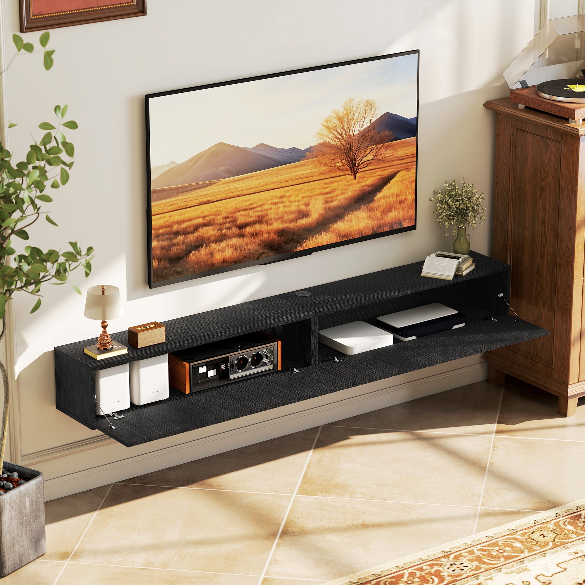 Floating TV Unit for Television up to 72 Inch, 180cm Wall Mount TV Stand Cabinet with Fluted Flip-Down Doors, Cable Management Hole, Entertainment Media Console for Living Room, Bedroom, Black