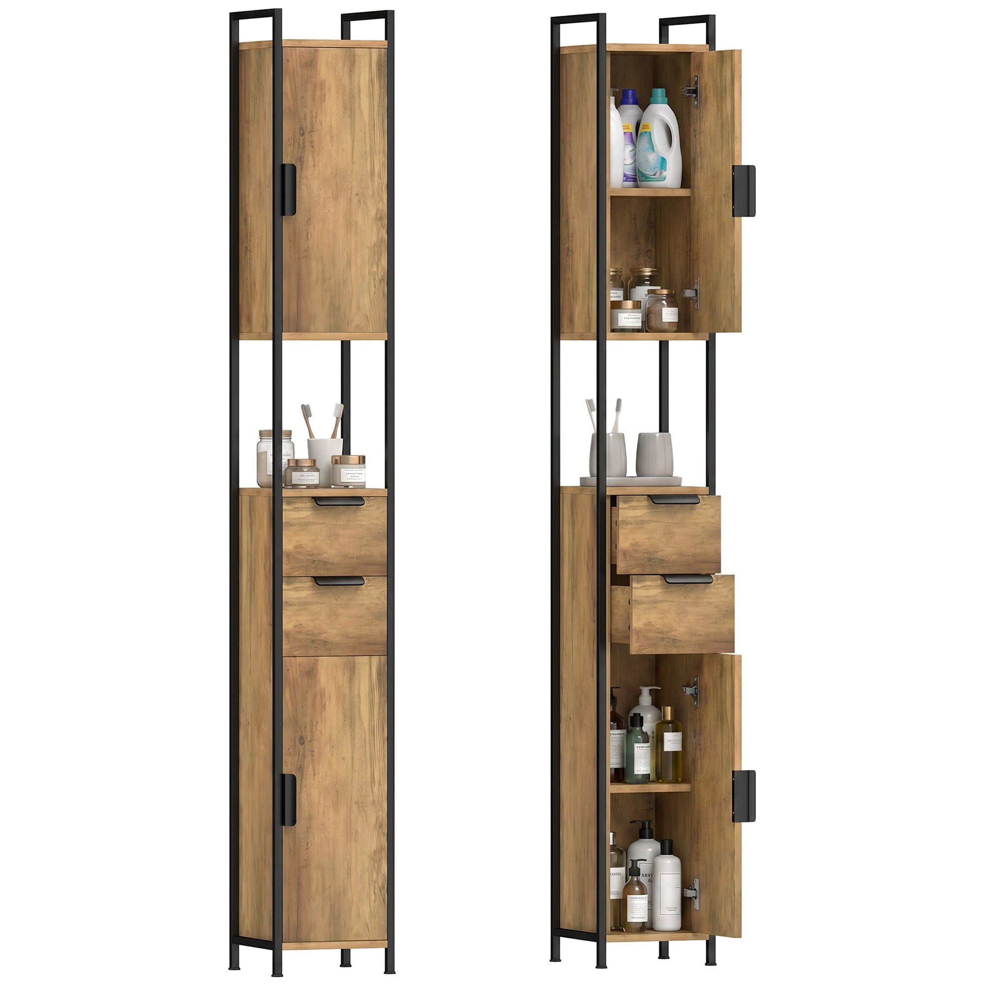 Tall Bathroom Storage Cabinet, Freestanding Bathroom Cabinet with Drawers and Adjustable Shelves, Linen Storage for Study, Bedroom, Brown