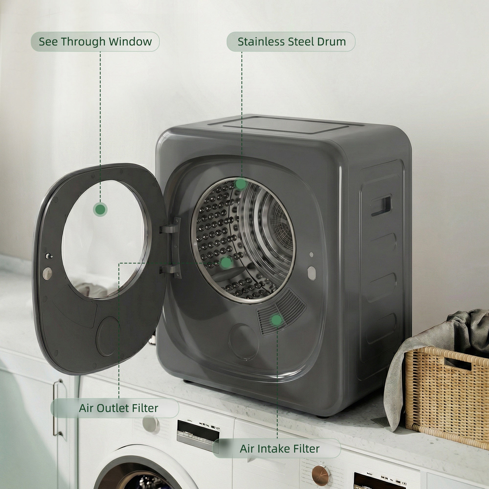 4kg Vented Tumble Dryer, 800W Compact Freestanding Front Tumble Dryer with 5 Drying Mode, Smart Sensor, Timer and Stainless Steel Tub, Wall-Mounted Portable Small Clothes Drying Machine, Grey