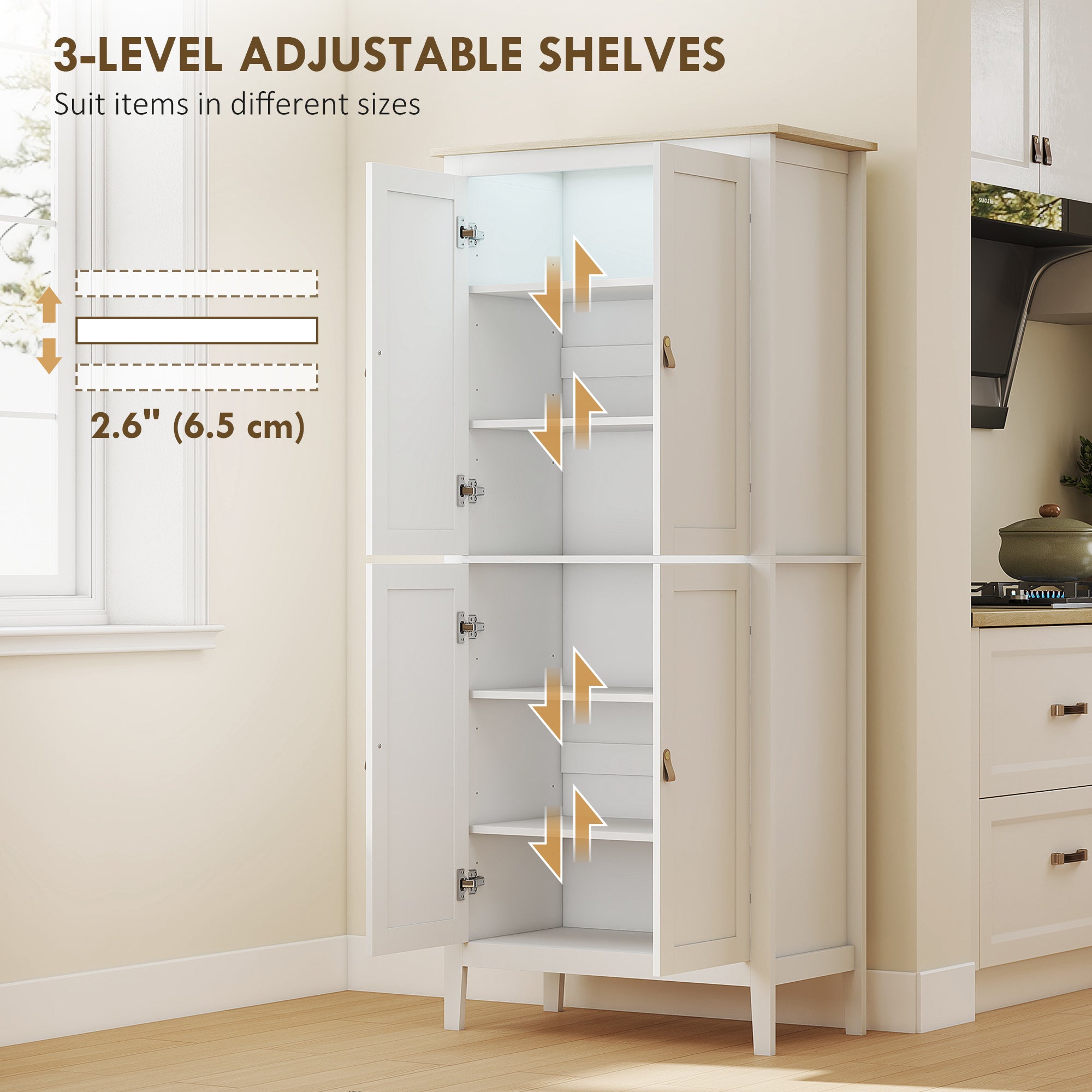 Tall Kitchen Cupboard with Motion Sensor LED Light, 3-Colour Dimmable Lighting, 177 cm Freestanding Storage Cabinet with Doors and Adjustable Shelves, White