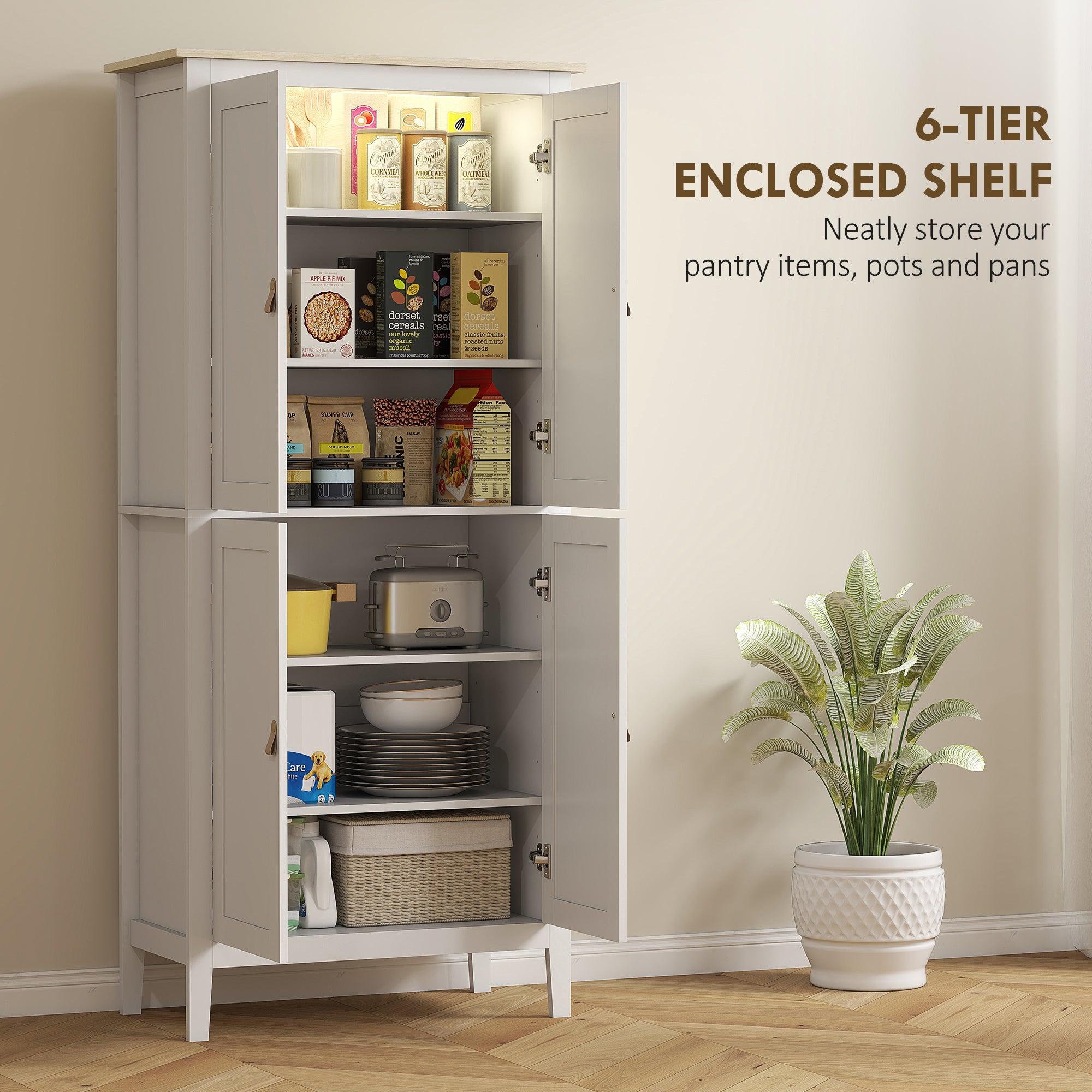 Tall Kitchen Cupboard with Motion Sensor LED Light, 3-Colour Dimmable Lighting, 177 cm Freestanding Storage Cabinet with Doors and Adjustable Shelves, White