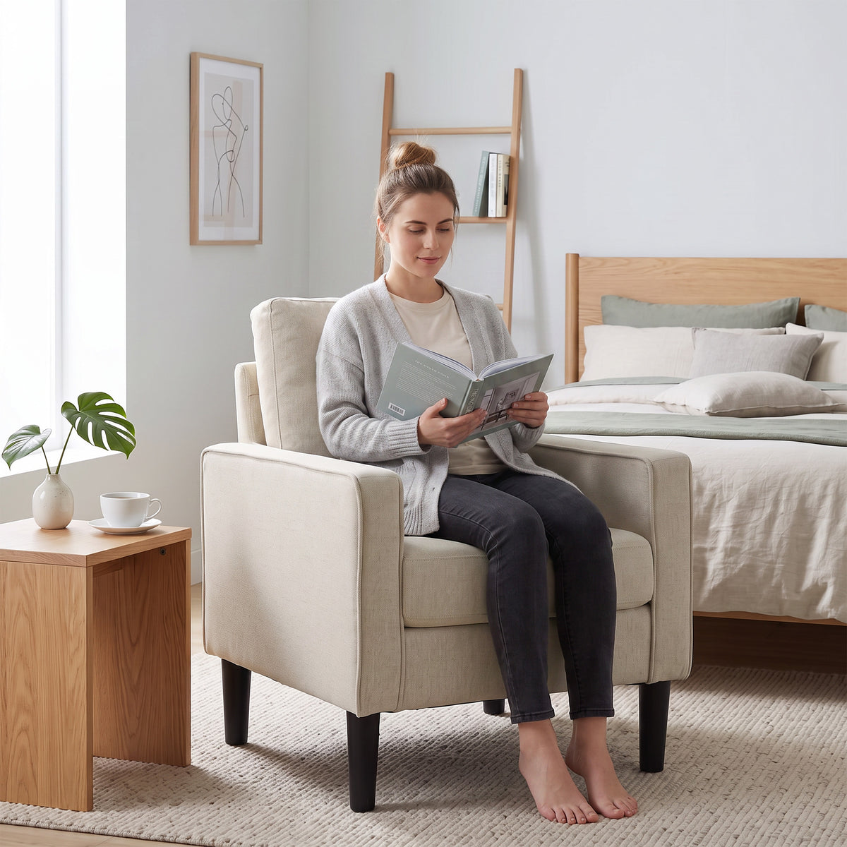 Armchair, Removable Pillow Linen Accent Chair, Comfy Spring Cushion Reading Lounge for Living Room, Bedroom, Study, Cream