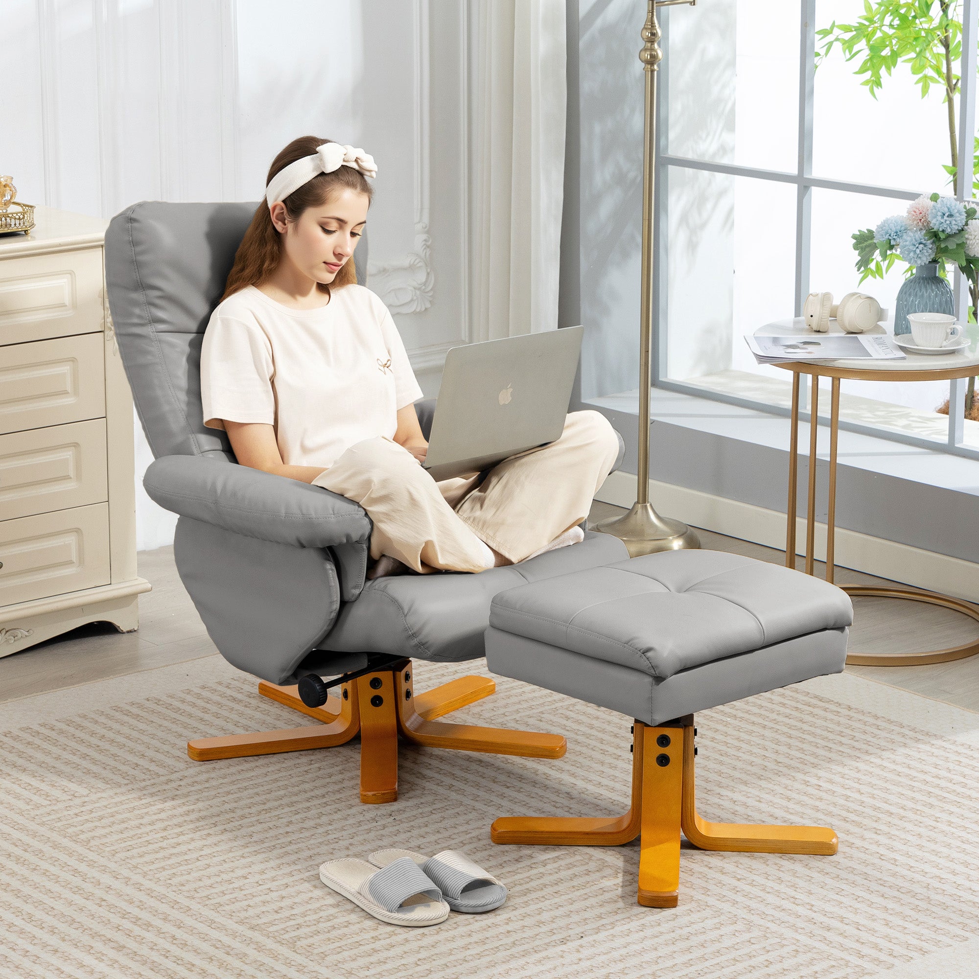 Recliner Armchair, Swivel Reclining Chair With Ottoman, Swivel Faux Leather Chair with Wooden Base and Storage Footstool for Living Room, Light Grey