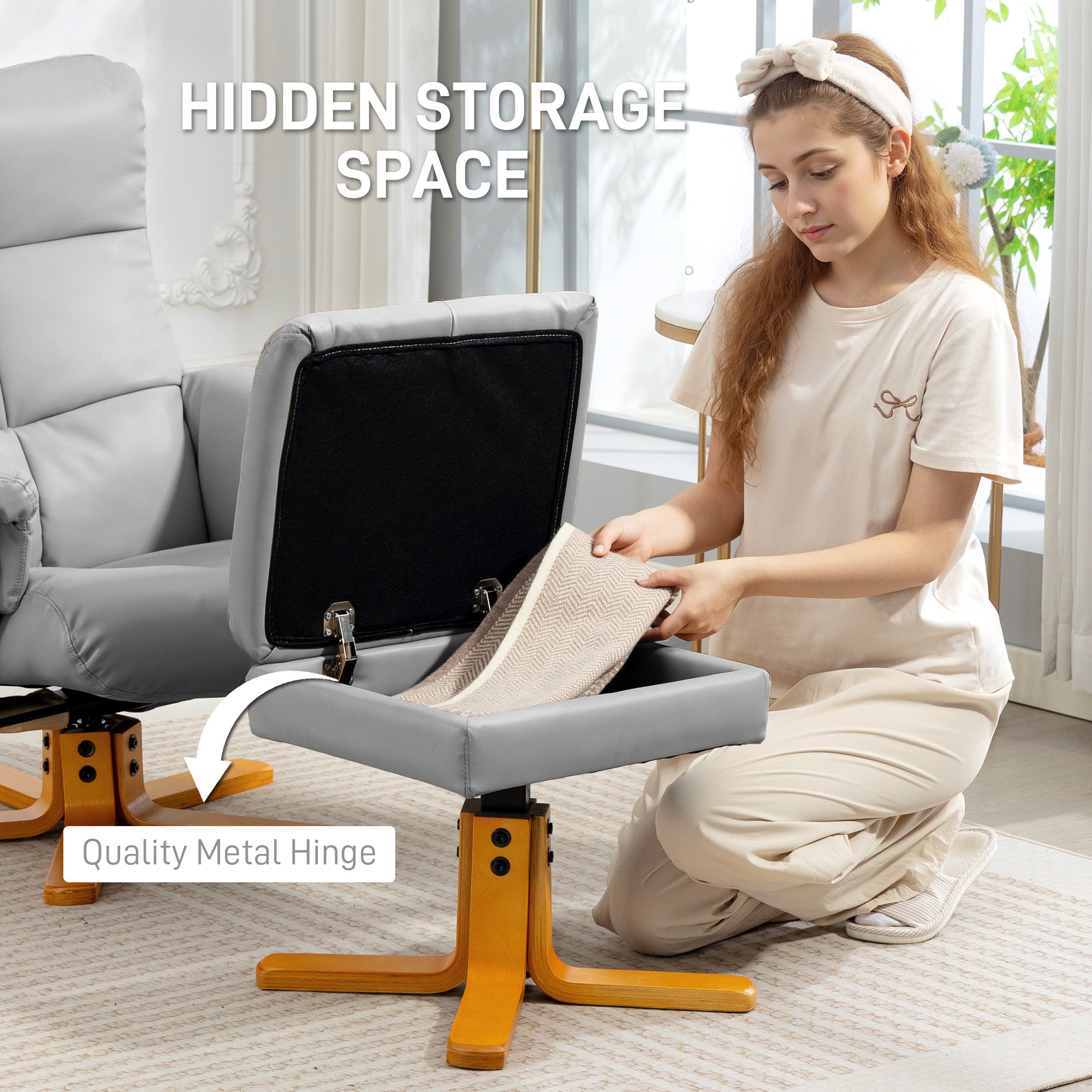 Recliner Armchair, Swivel Reclining Chair With Ottoman, Swivel Faux Leather Chair with Wooden Base and Storage Footstool for Living Room, Light Grey