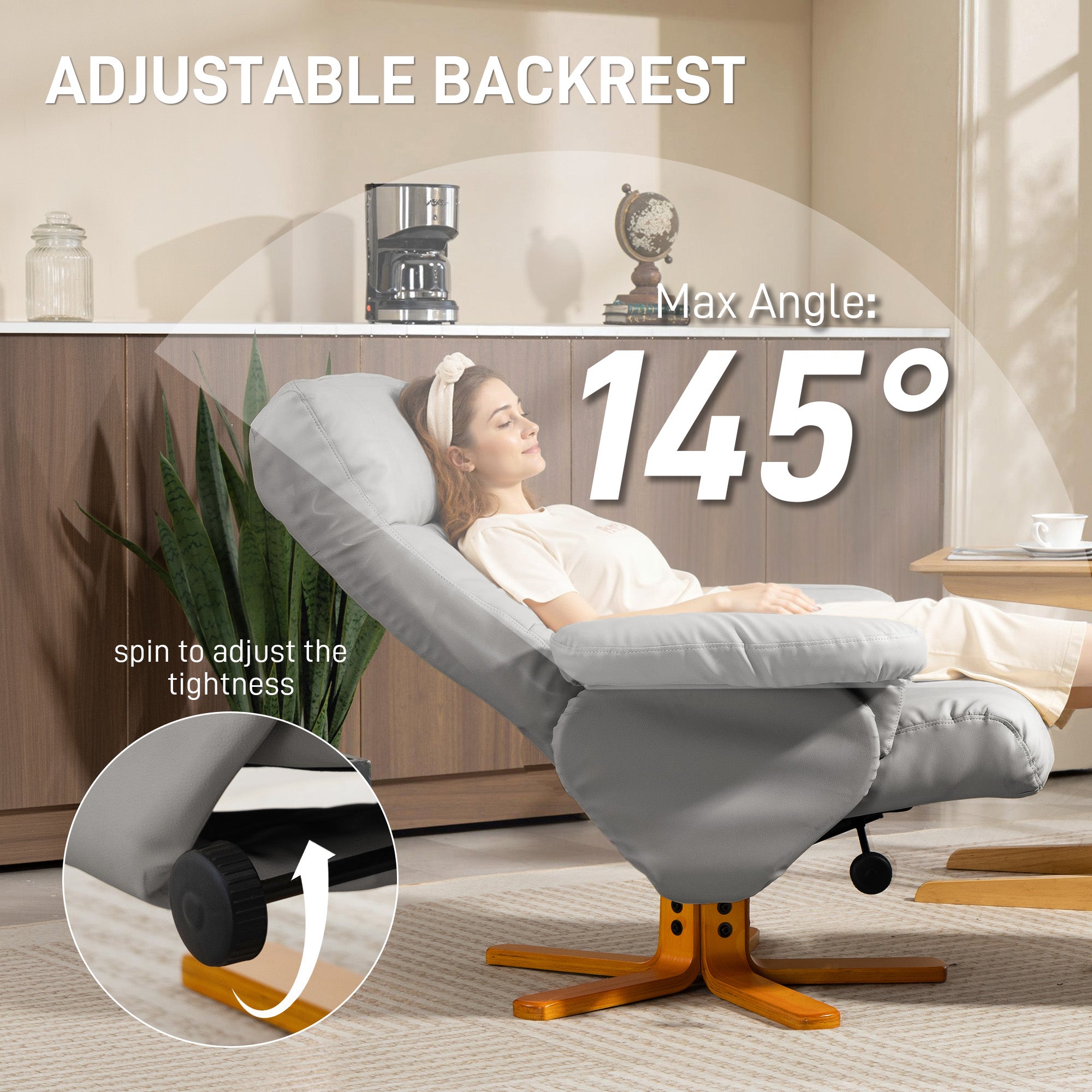 Recliner Armchair, Swivel Reclining Chair With Ottoman, Swivel Faux Leather Chair with Wooden Base and Storage Footstool for Living Room, Light Grey