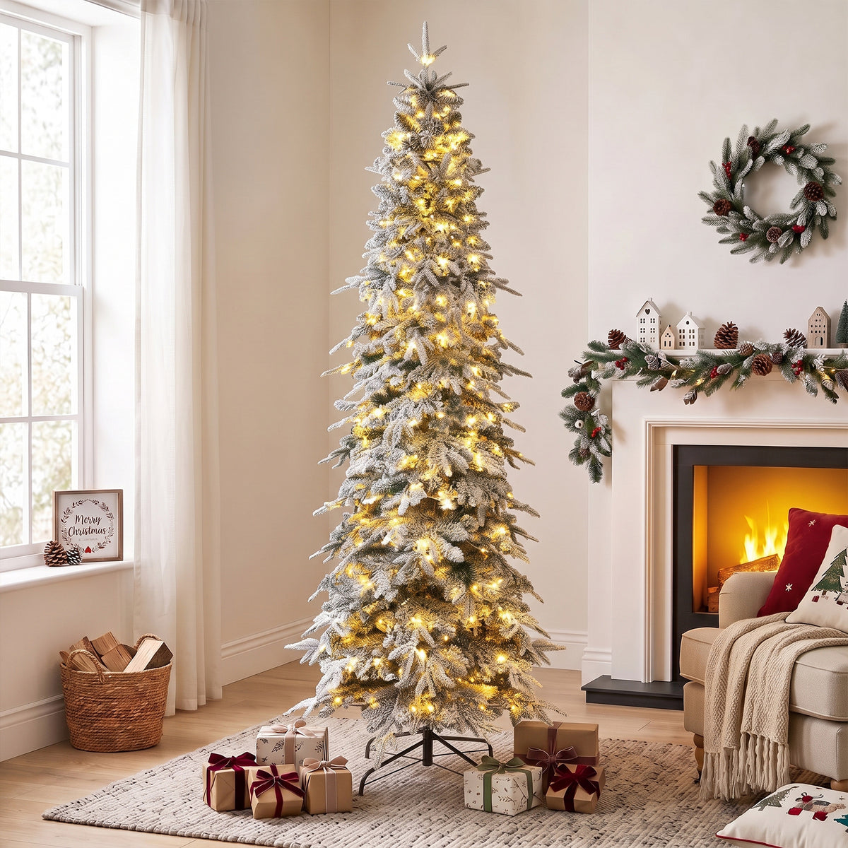 7ft Prelit Flocked Christmas Tree, Artificial Pencil Hinged Xmas Tree with Slim Downswept Shape, 350 Warm White LED Lights, 8 Modes, Daily Timer, 800 Tips, Remote, Steel Stand, Green White