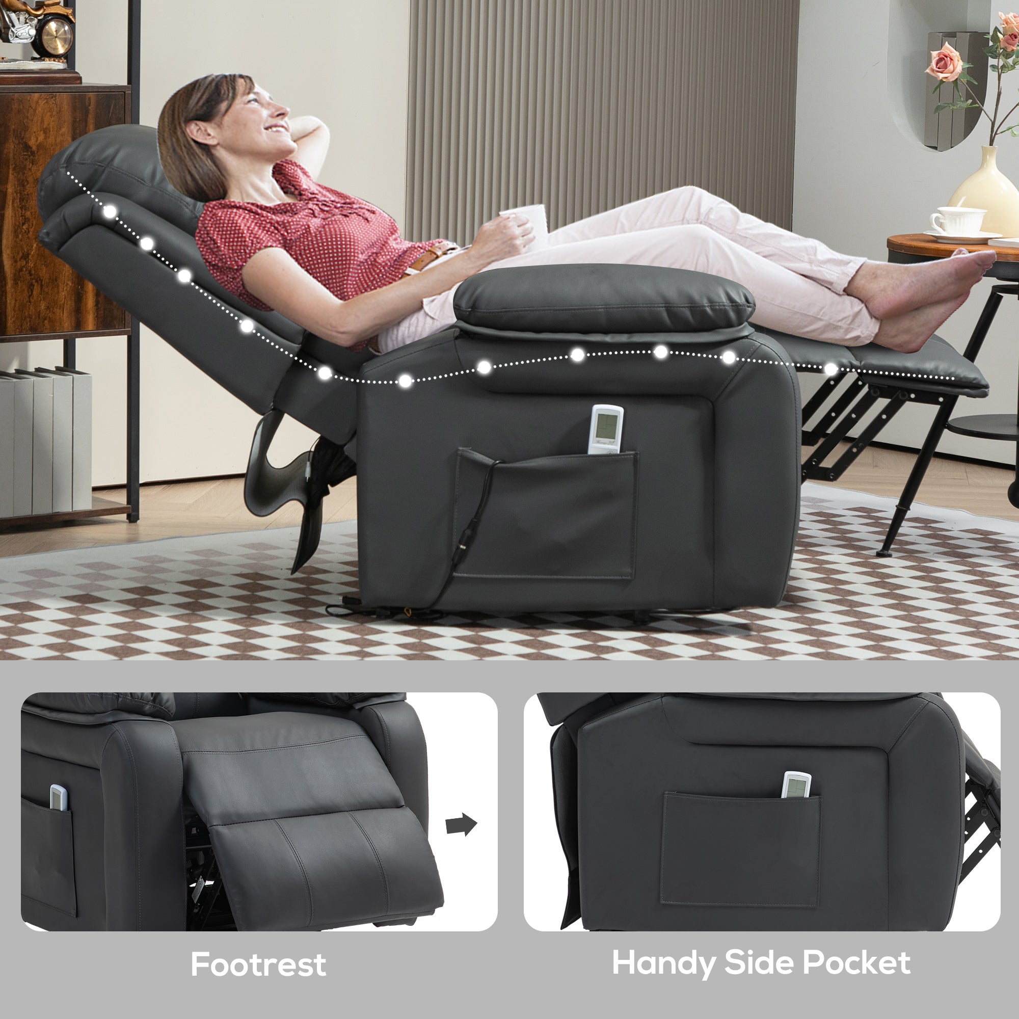 Riser and Recliner Chair with Vibration Massage, PU Leather Power Lift Chair for Elderly with Thick and High Back, Headrest, Removable Armrests, Side Pockets, Electric Lift Armchair, Dark Grey