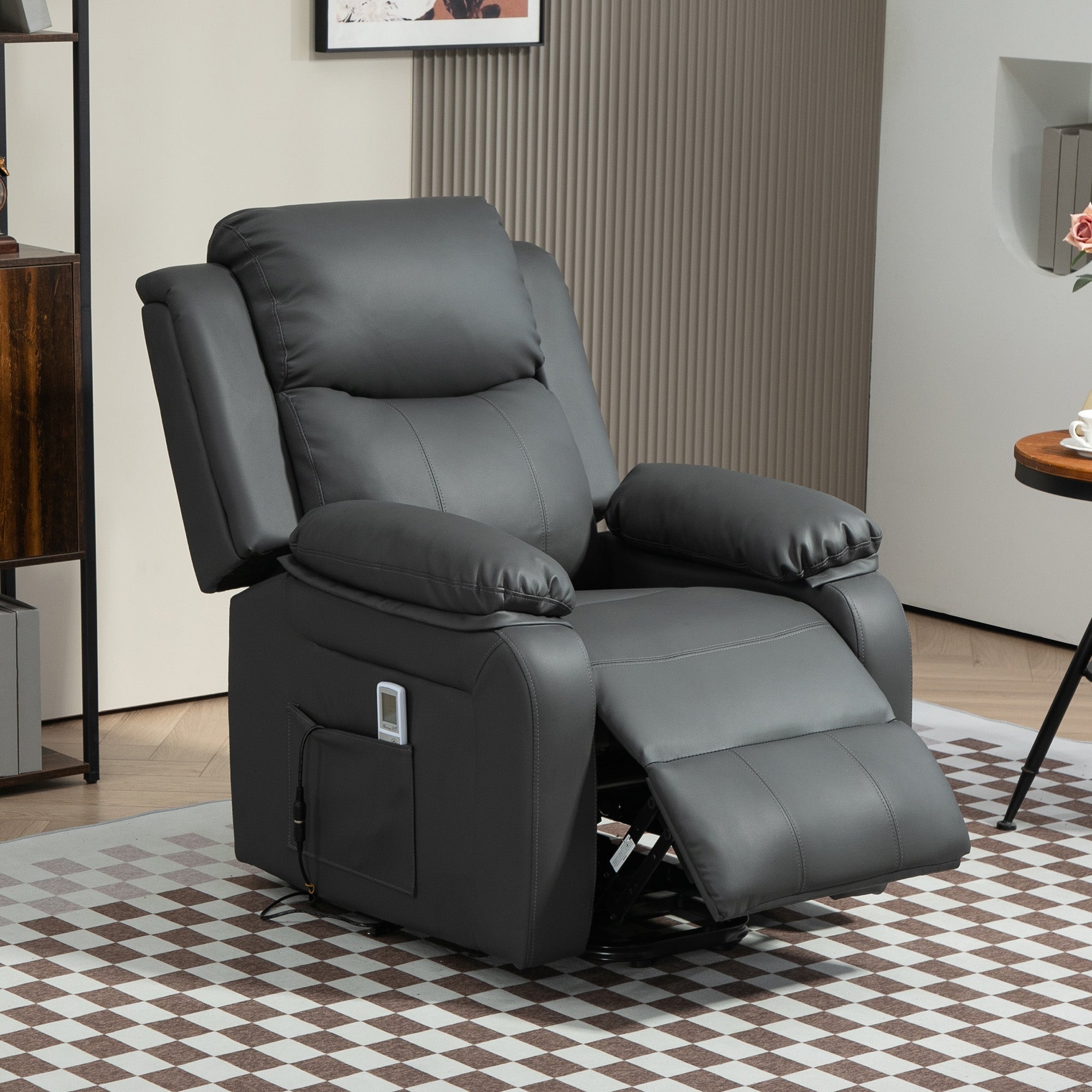 Riser and Recliner Chair with Vibration Massage, PU Leather Power Lift Chair for Elderly with Thick and High Back, Headrest, Removable Armrests, Side Pockets, Electric Lift Armchair, Dark Grey