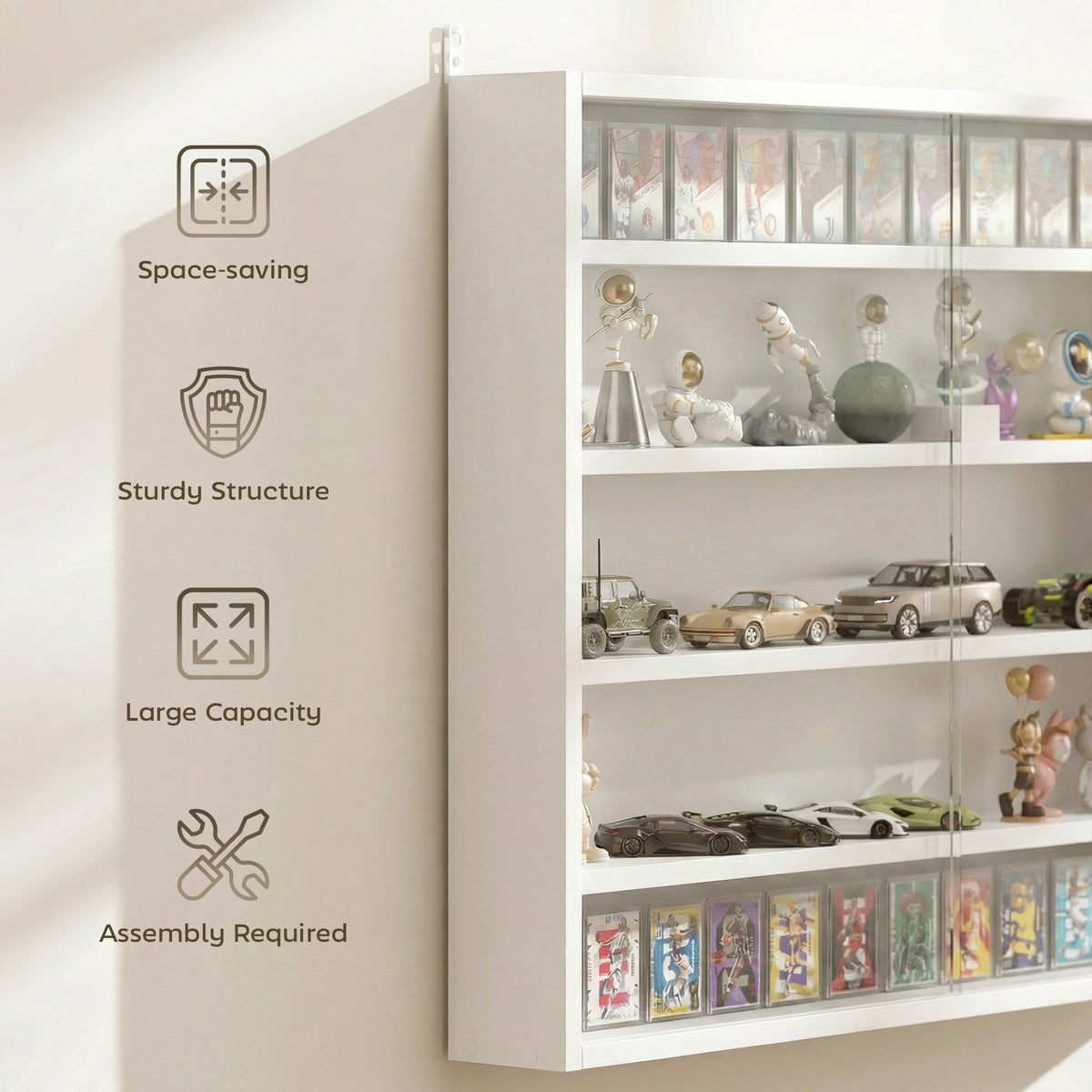5-Storey Wall Shelf Display Cabinet, Shot Glass Display Case, Glass Curio Cabinet with 2 Glass Doors and 4 Adjustable Shelves, White