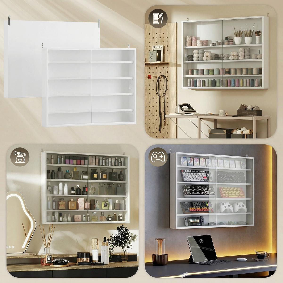 5-Storey Wall Shelf Display Cabinet, Shot Glass Display Case, Glass Curio Cabinet with 2 Glass Doors and 4 Adjustable Shelves, White