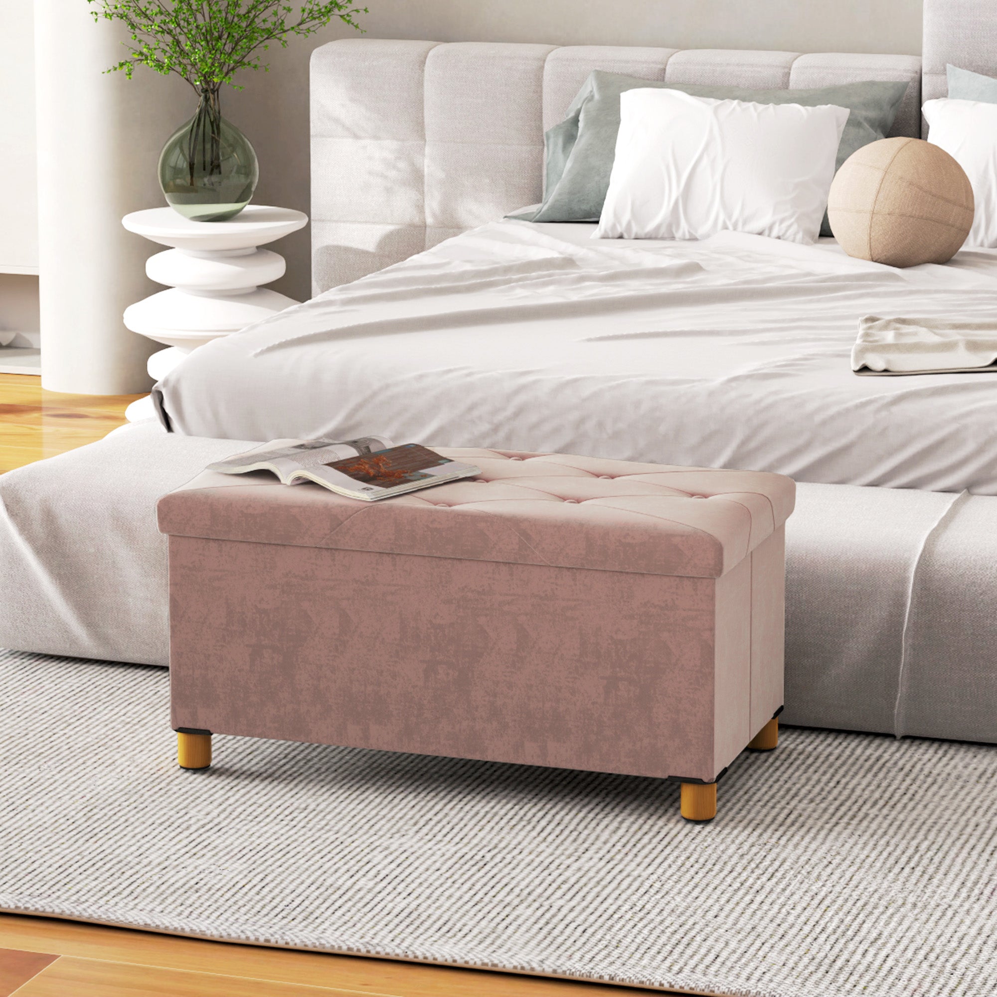 Storage Ottoman Bench, Velvet Upholstered Foldable Ottoman Footrest, Foot Stool with Wood Legs for Living Room, Bedroom, Entryway, Pink