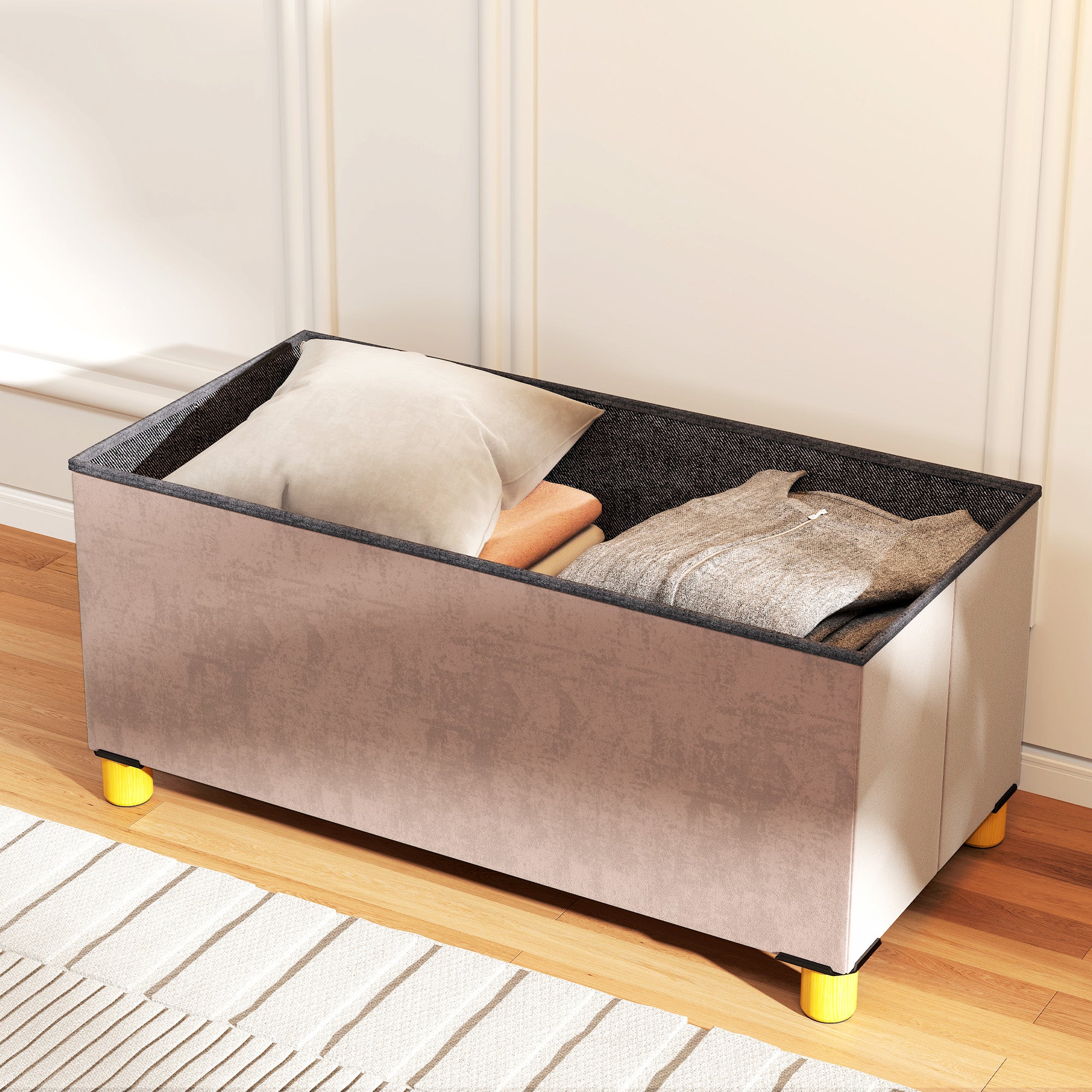 Storage Ottoman Bench, Velvet Upholstered Foldable Ottoman Footrest, Foot Stool with Wood Legs for Living Room, Bedroom, Entryway, Pink
