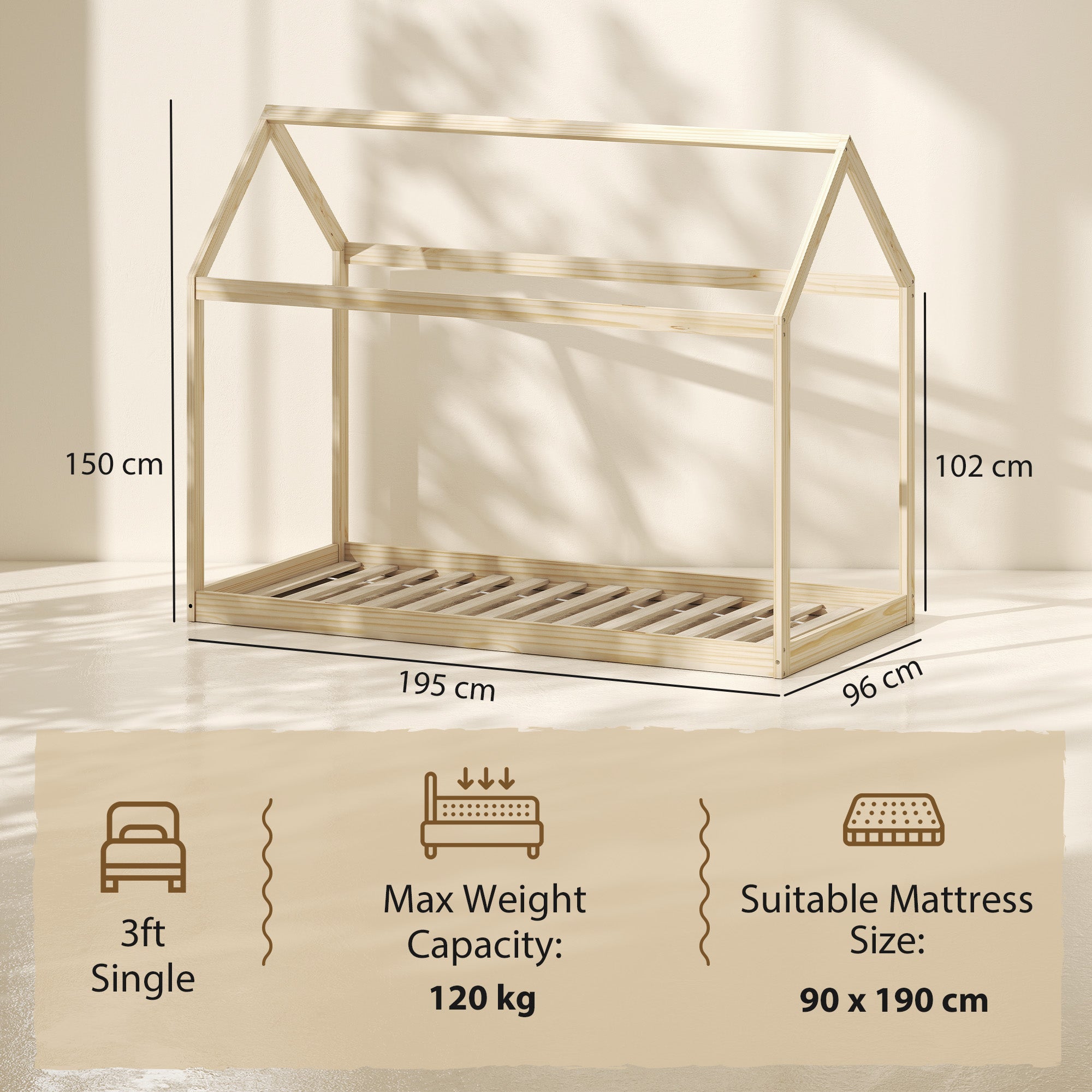 Single Bed Frame, House Scandinavian Style Wooden Bed Frame for 90W x 190Dcm Mattress, Pine Wood Bed Base, Natural Wood Finish