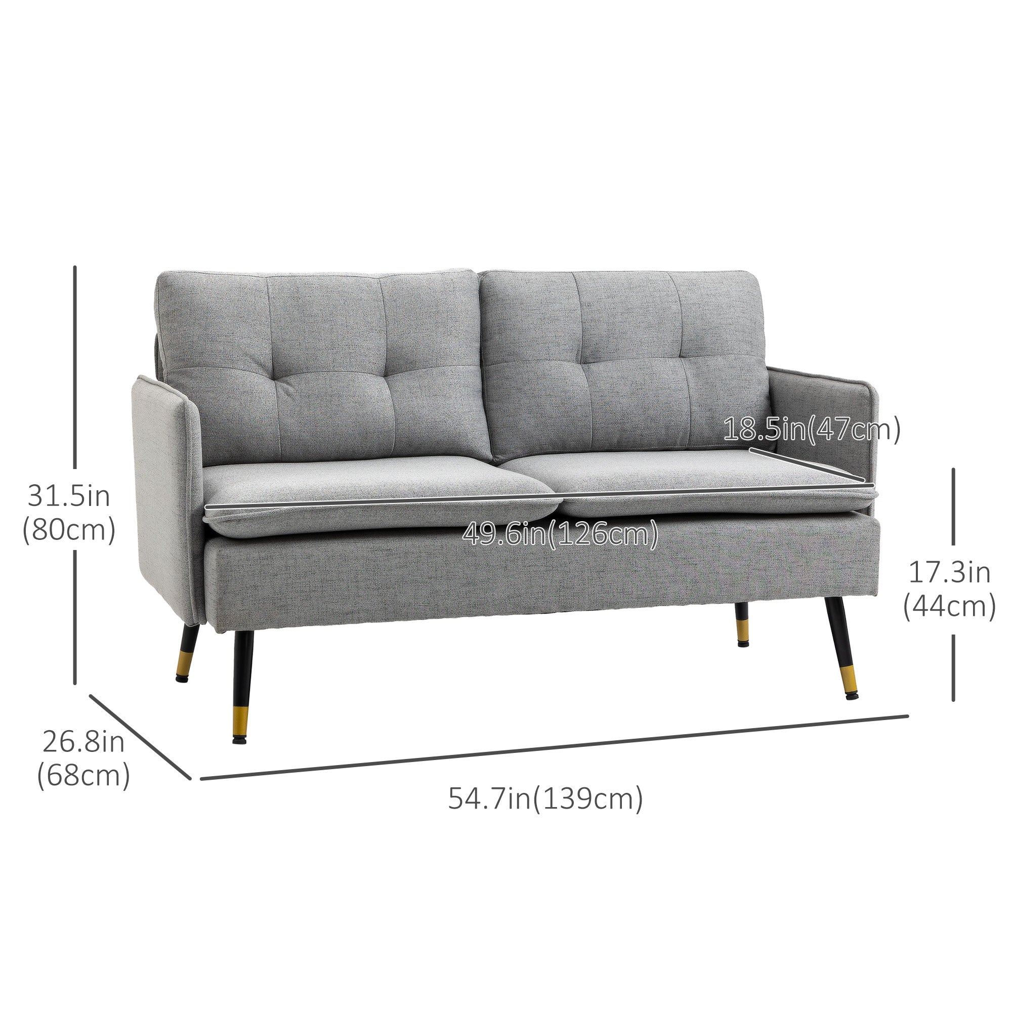 HOMCOM 55" Loveseat Sofa for Bedroom, Modern Love Seats Furniture with Button Tufting, Upholstered Small Couch for Small Space, Grey