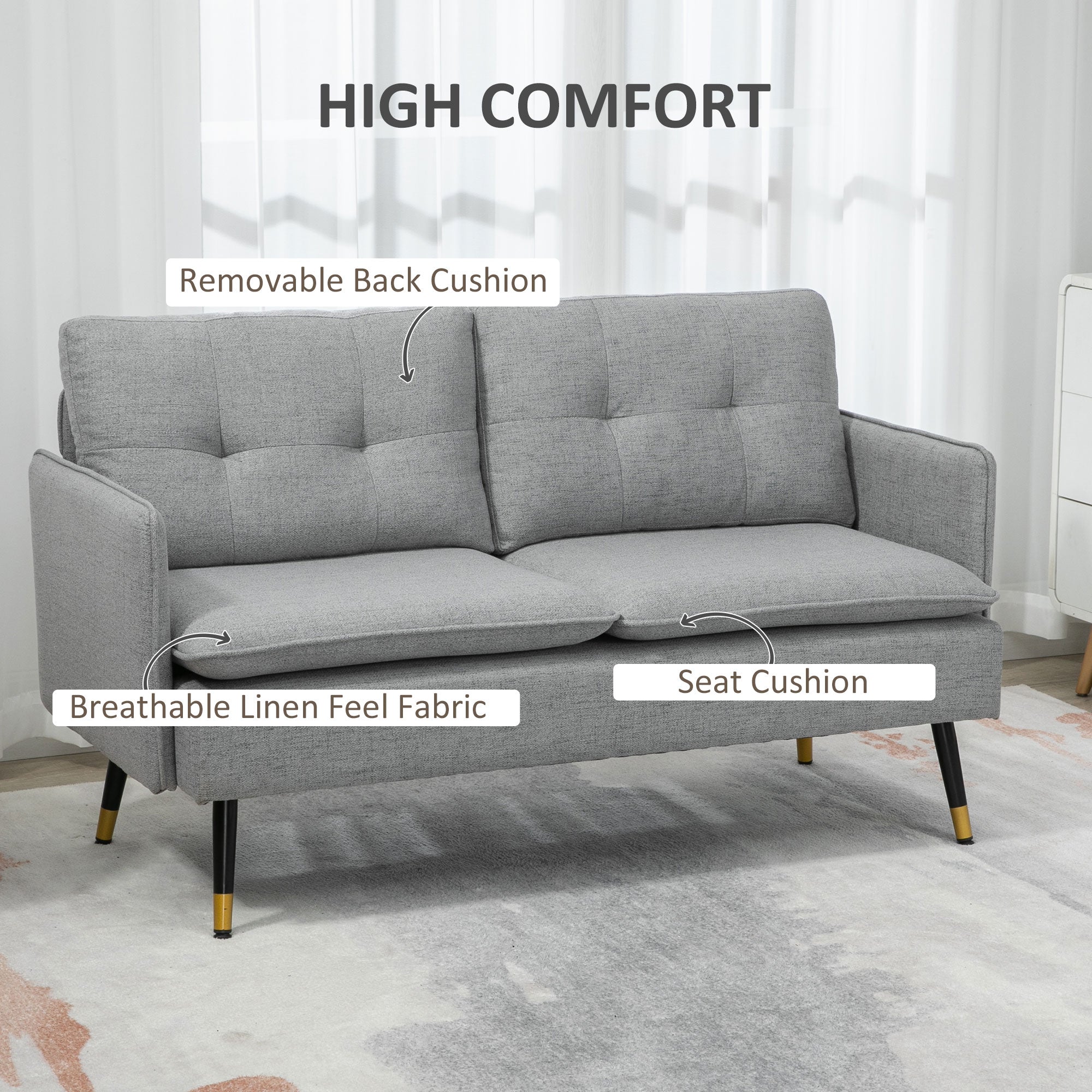 HOMCOM 55" Loveseat Sofa for Bedroom, Modern Love Seats Furniture with Button Tufting, Upholstered Small Couch for Small Space, Grey