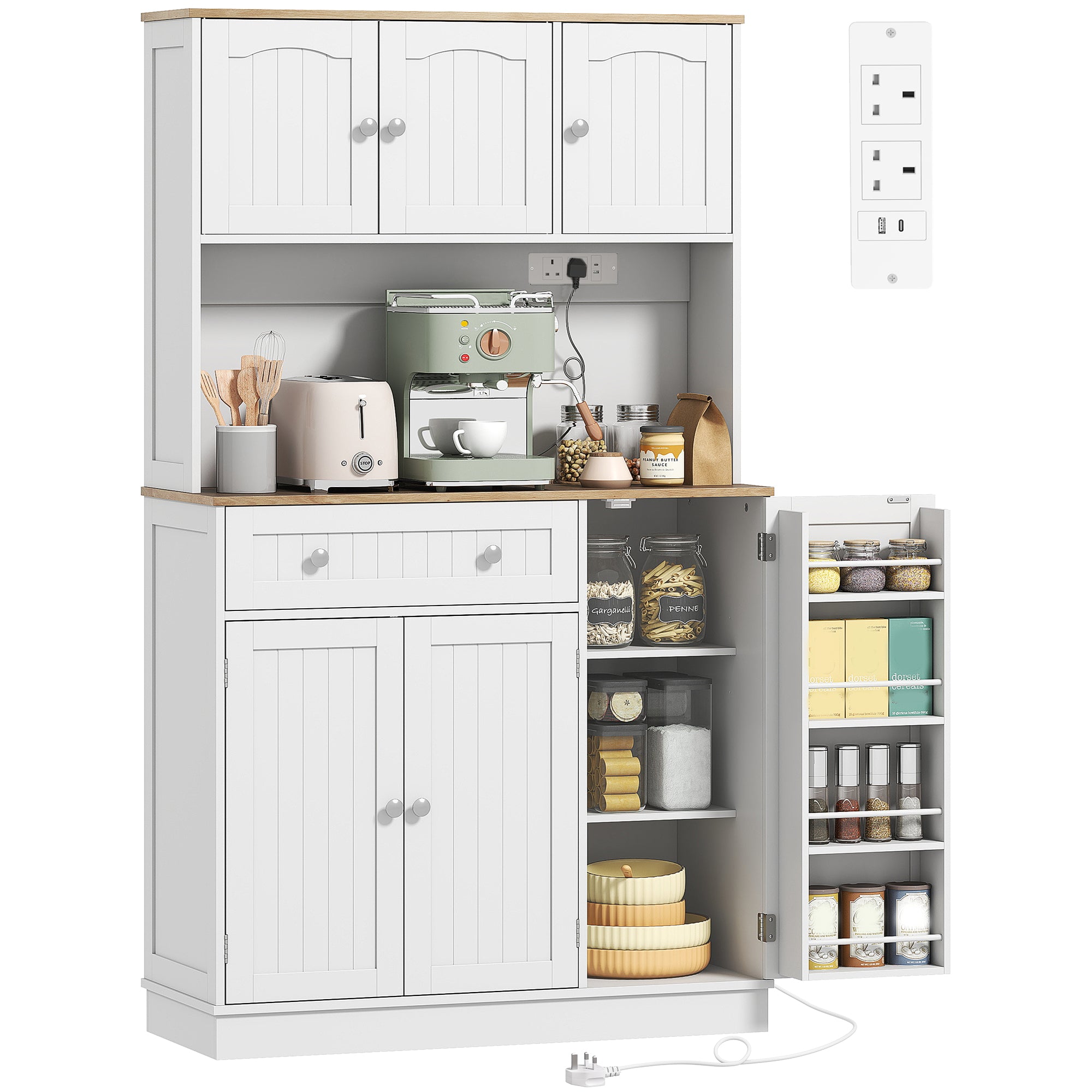 173 cm Tall Kitchen Cupboard with Charging Station, Pantry Storage Cabinet with Microwave Stand, Adjustable Shelves, 4 Door Racks, Farmhouse Kitchen Cabinet for Dining Room, White