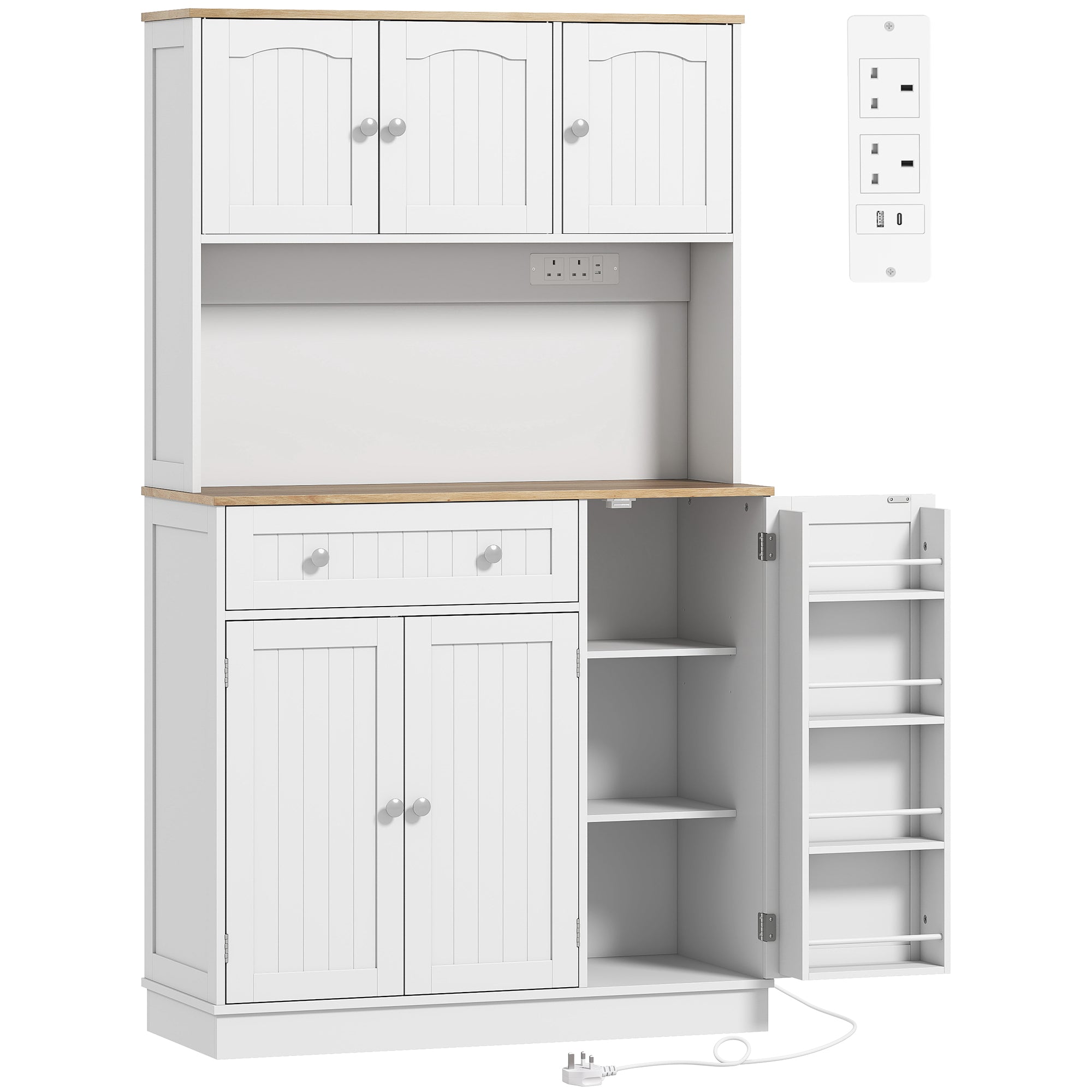 173 cm Tall Kitchen Cupboard with Charging Station, Pantry Storage Cabinet with Microwave Stand, Adjustable Shelves, 4 Door Racks, Farmhouse Kitchen Cabinet for Dining Room, White