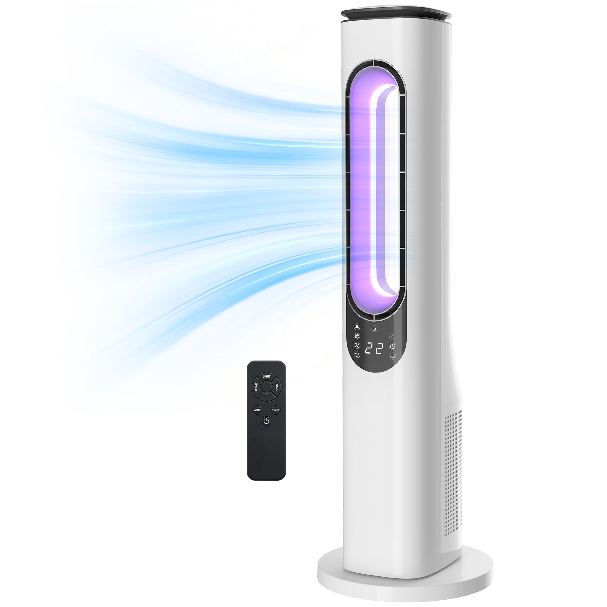 Bladeless Tower Fan for Bedroom, 35dB Standing Cooling Fan with 50° Oscillating, LED Lights, 3 Speeds, 3 Modes, 15H Timer, LED Display and Remote Control, White
