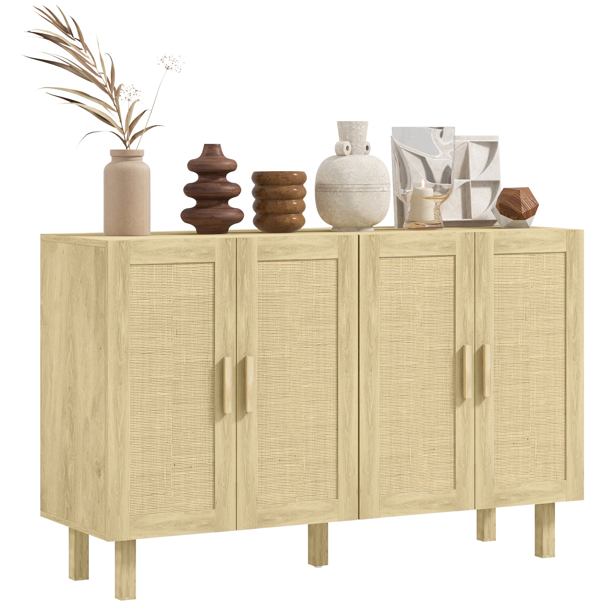 Boho Kitchen Cabinet Buffet Cabinet with 4 Rattan Doors and Adjustable Shelves for Dining Room Natural