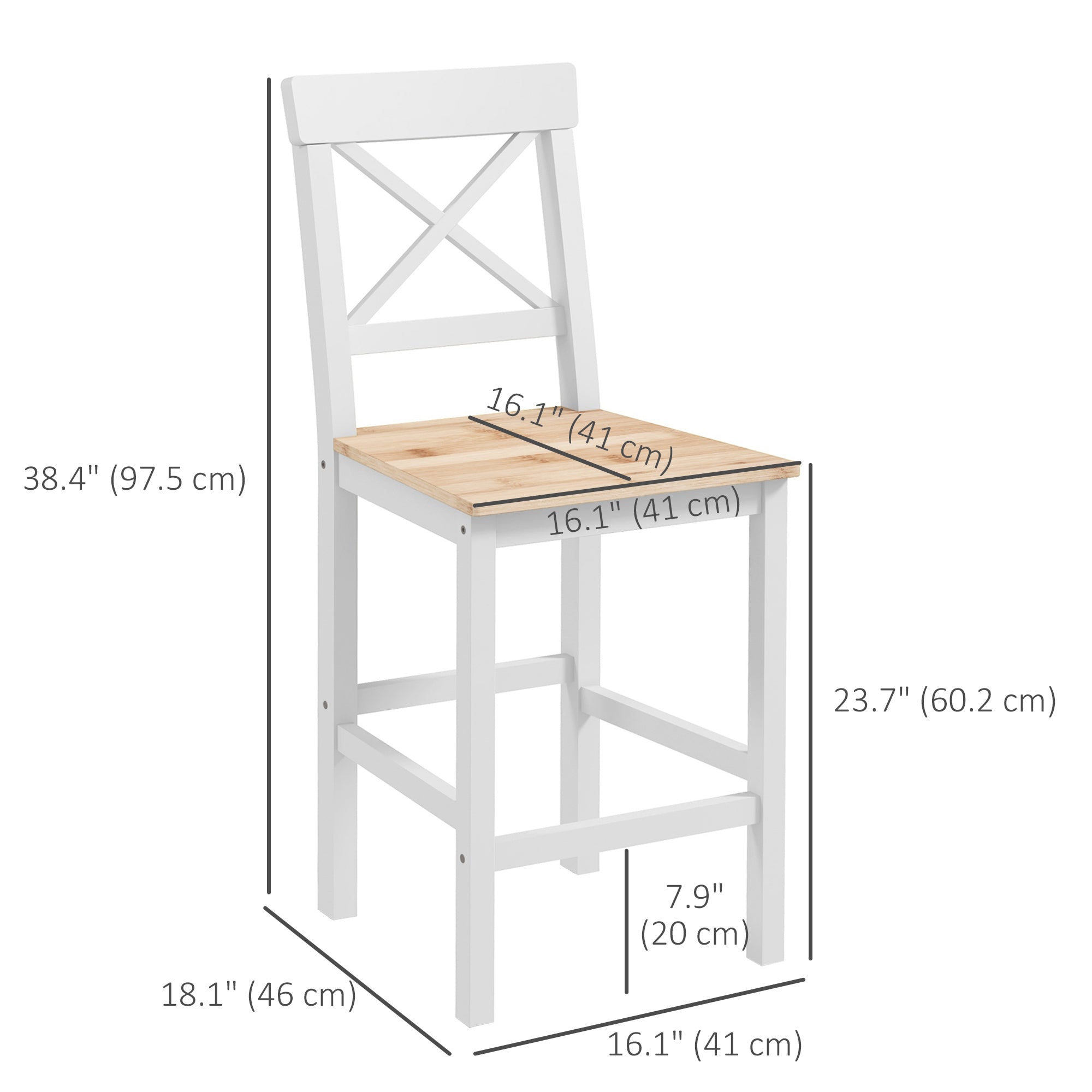 HOMCOM Bar Stools Set of 2, Farmhouse Counter Height Barstools, Solid Wood Bar Chairs with Cross Back and Footrest for Kitchen, Natural