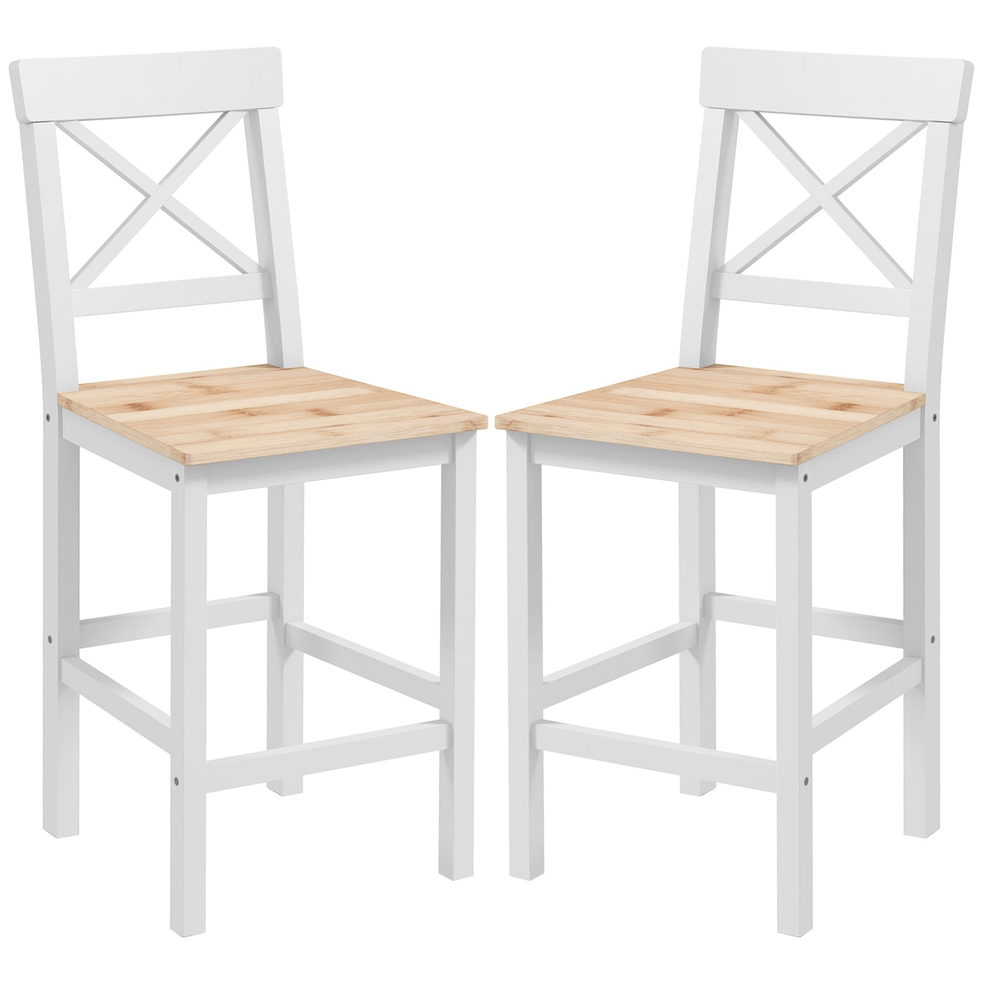 HOMCOM Bar Stools Set of 2, Farmhouse Counter Height Barstools, Solid Wood Bar Chairs with Cross Back and Footrest for Kitchen, Natural