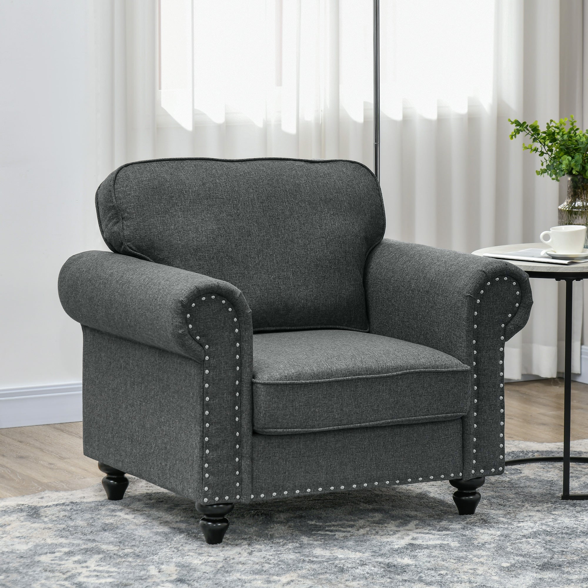 HOMCOM Fabric Accent Chair with Nailhead Trim Rolled Arms and Slatted Wood Frame, Upholstered Lounge Chair for Living Room, Bedroom, Home Office, Charcoal Grey
