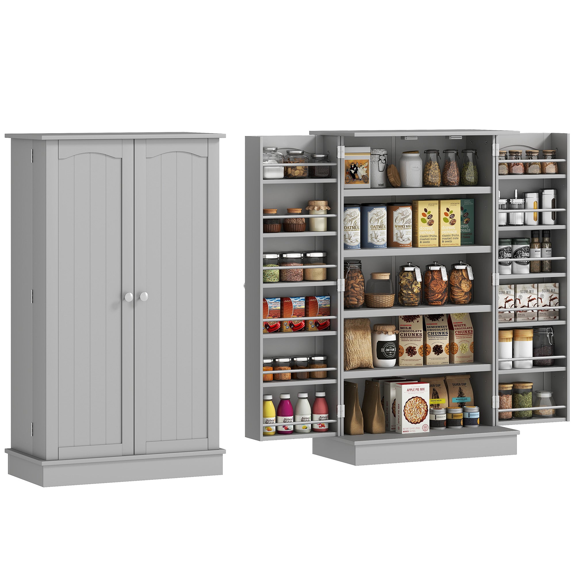 41" Kitchen Pantry Cabinet, 2-Door Buffet Storage Cabinet with 12 Spice Racks and Adjustable Shelves, Grey